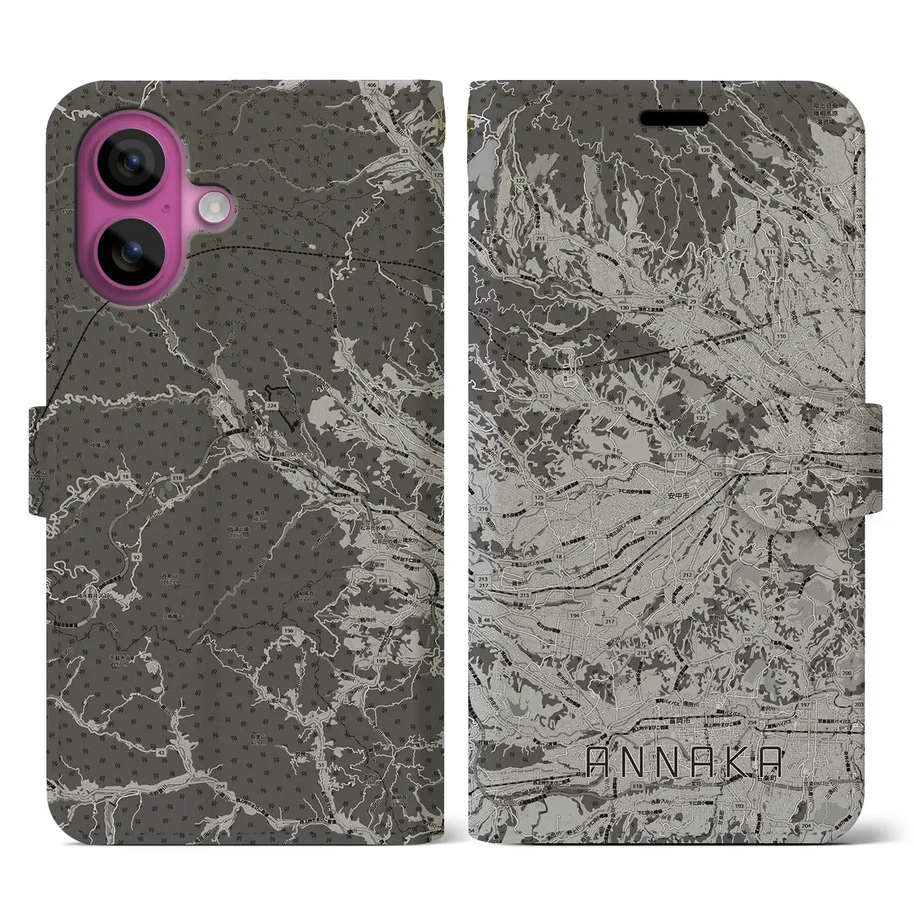 【安中(群馬県)】地図柄iPhoneケース(手帳タイプ)モノトーン・iPhone 16 Pro 用