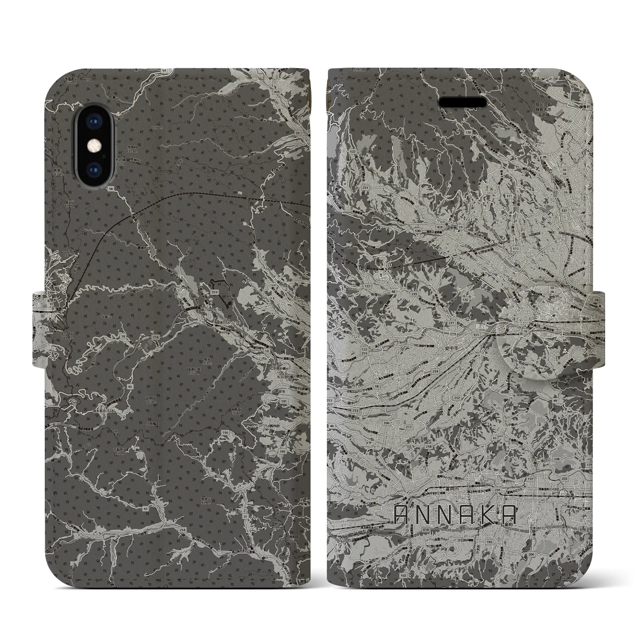 【安中(群馬県)】地図柄iPhoneケース(手帳タイプ)モノトーン・iPhone XS / X 用
