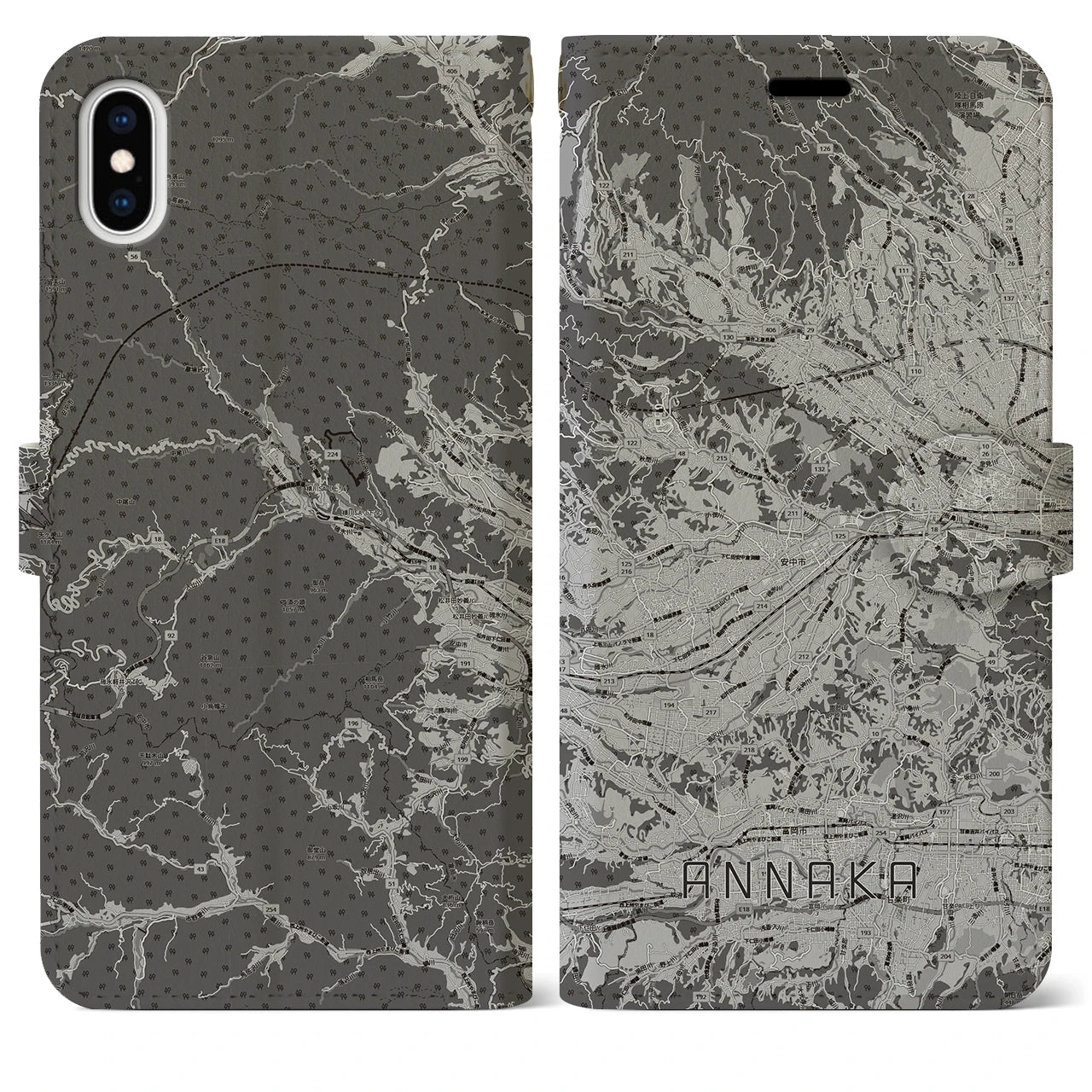【安中(群馬県)】地図柄iPhoneケース(手帳タイプ)モノトーン・iPhone XS Max 用