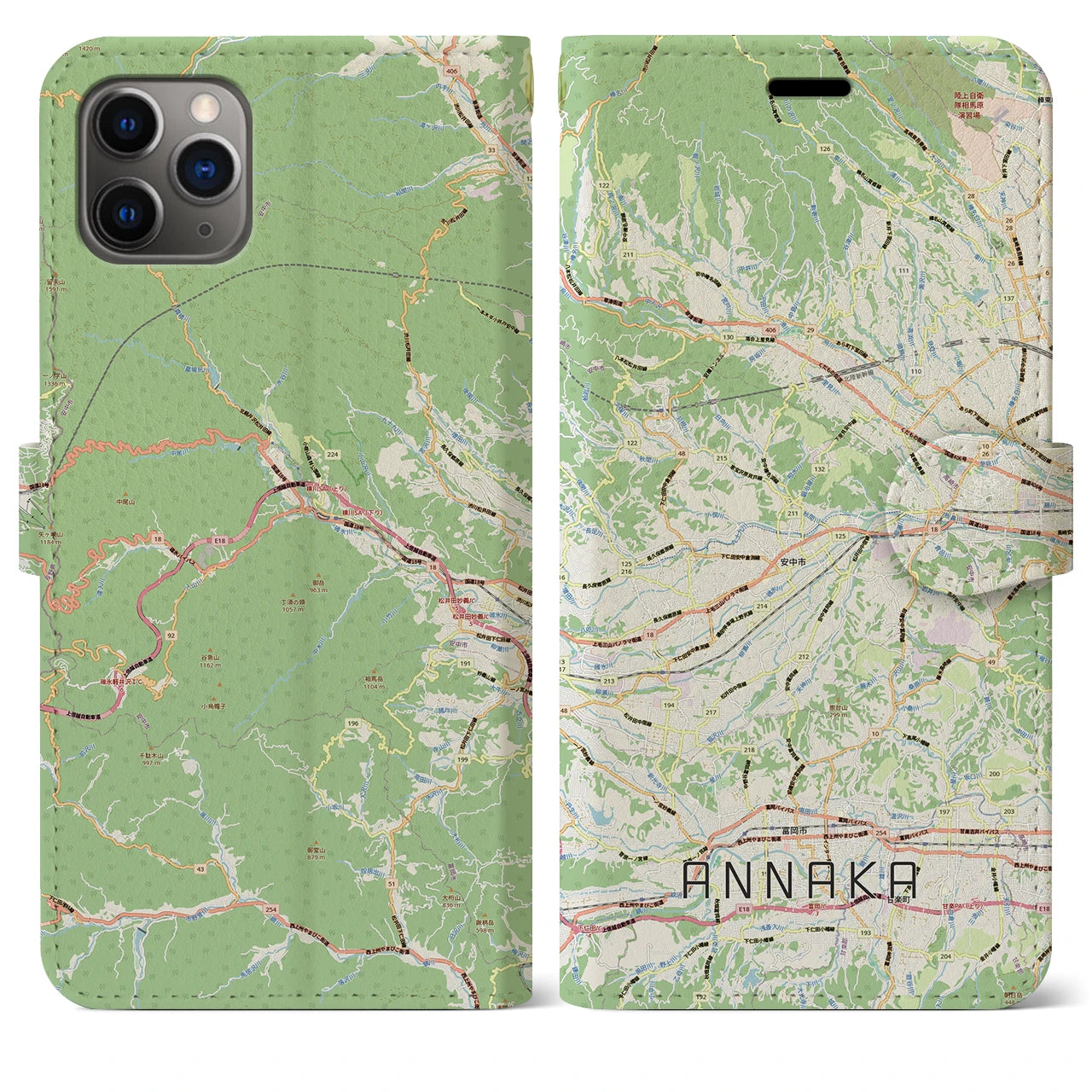 【安中(群馬県)】地図柄iPhoneケース(手帳タイプ)ナチュラル・iPhone 11 Pro Max 用