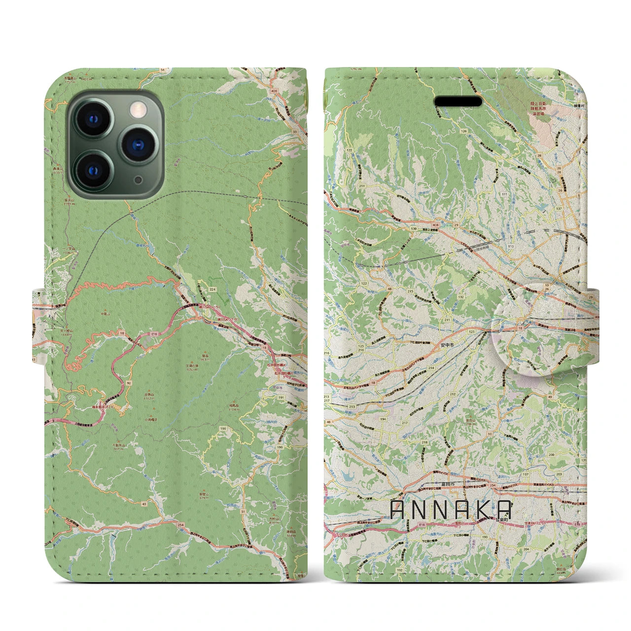 【安中(群馬県)】地図柄iPhoneケース(手帳タイプ)ナチュラル・iPhone 11 Pro 用