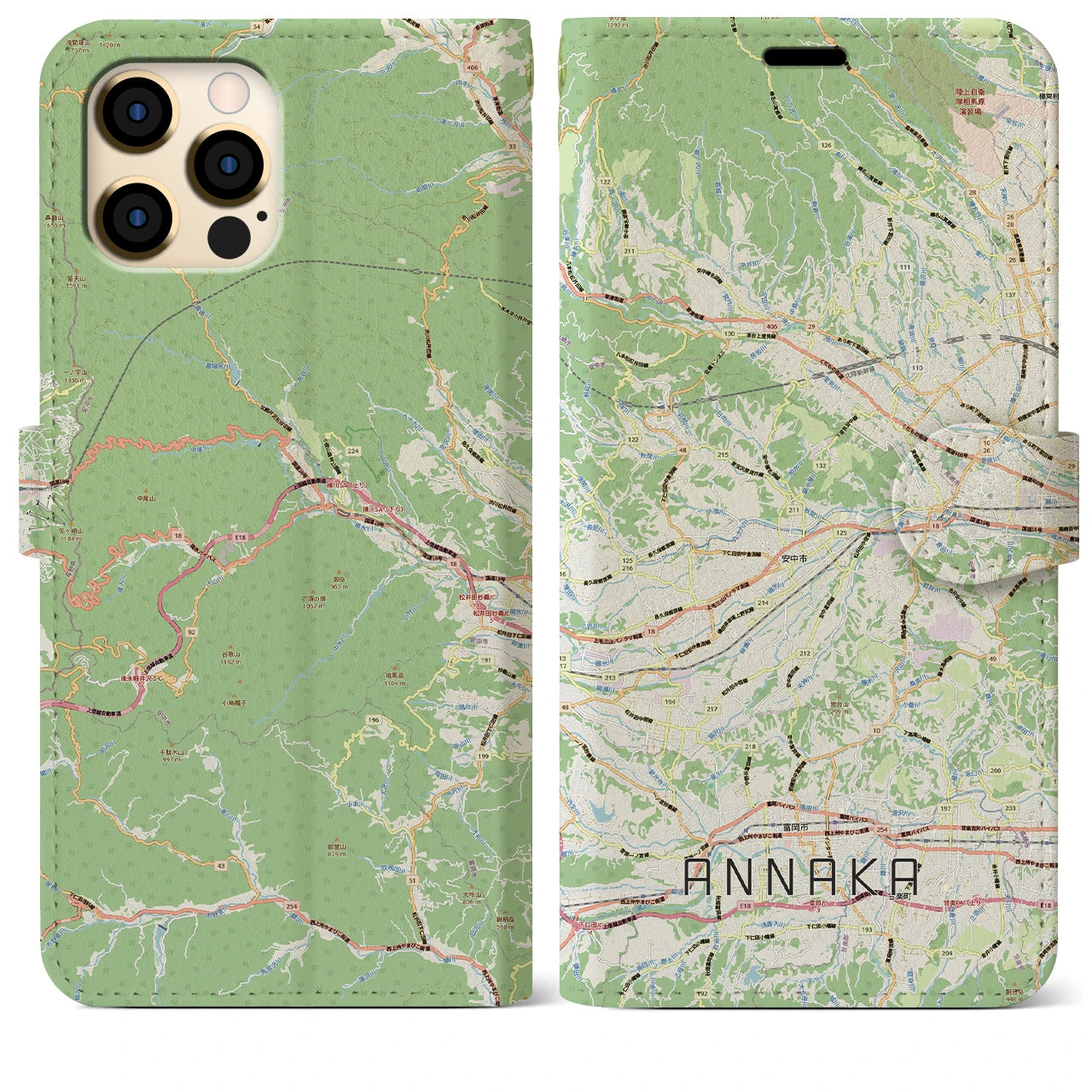 【安中(群馬県)】地図柄iPhoneケース(手帳タイプ)ナチュラル・iPhone 12 Pro Max 用