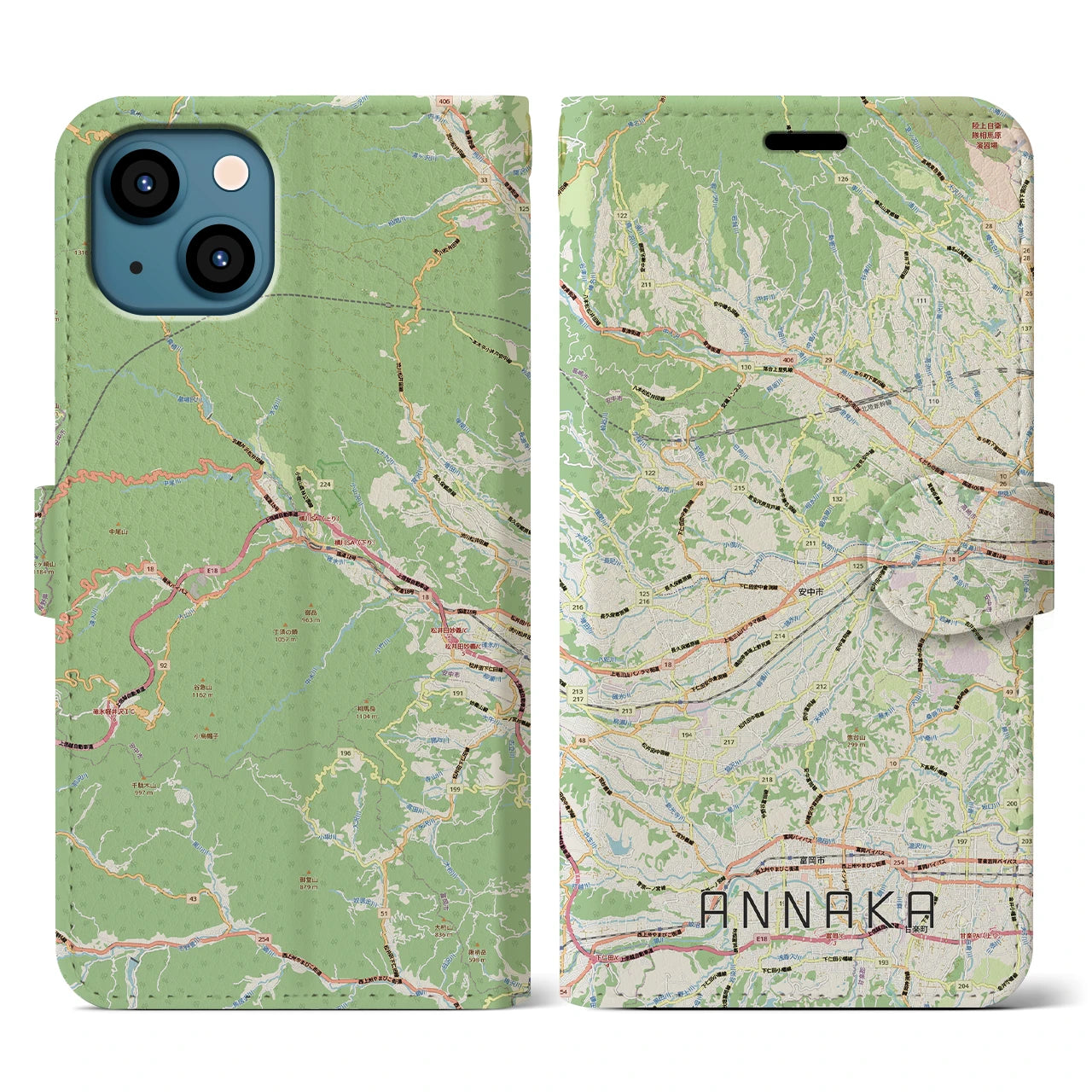 【安中(群馬県)】地図柄iPhoneケース(手帳タイプ)ナチュラル・iPhone 13 用
