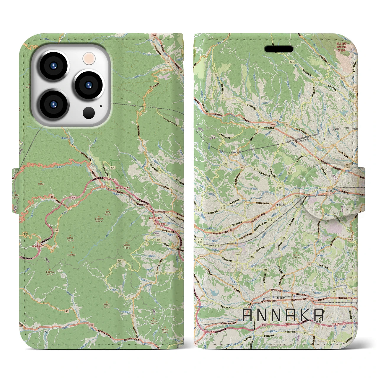 【安中(群馬県)】地図柄iPhoneケース(手帳タイプ)ナチュラル・iPhone 13 Pro 用