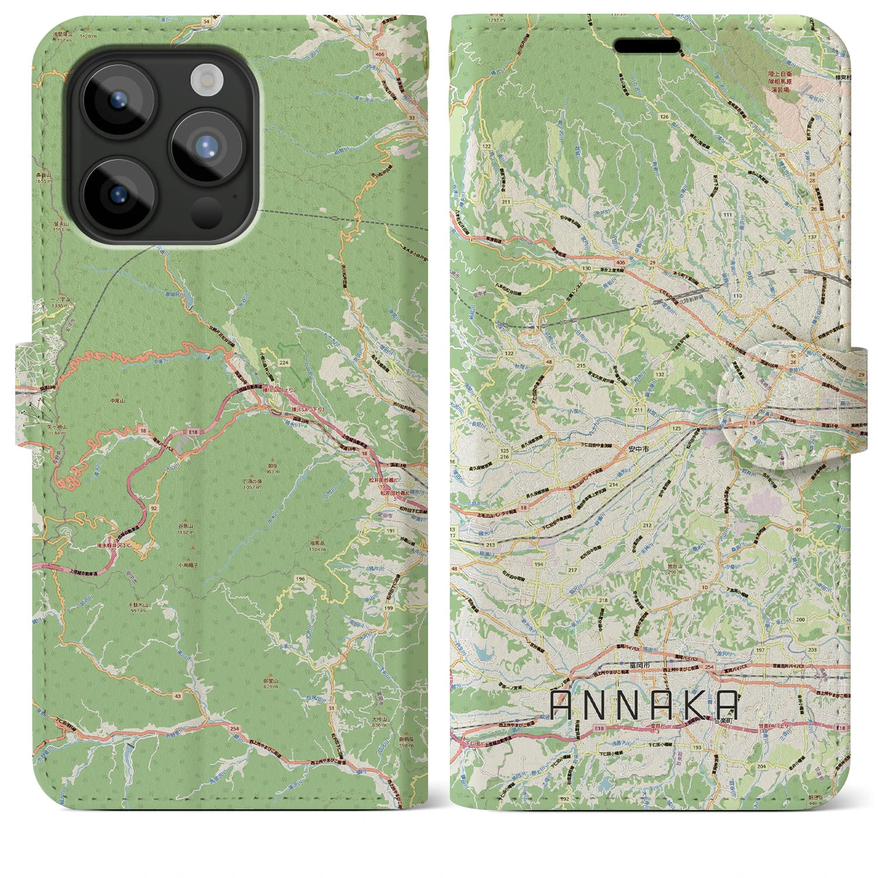 【安中(群馬県)】地図柄iPhoneケース(手帳タイプ)ナチュラル・iPhone 15 Pro Max 用