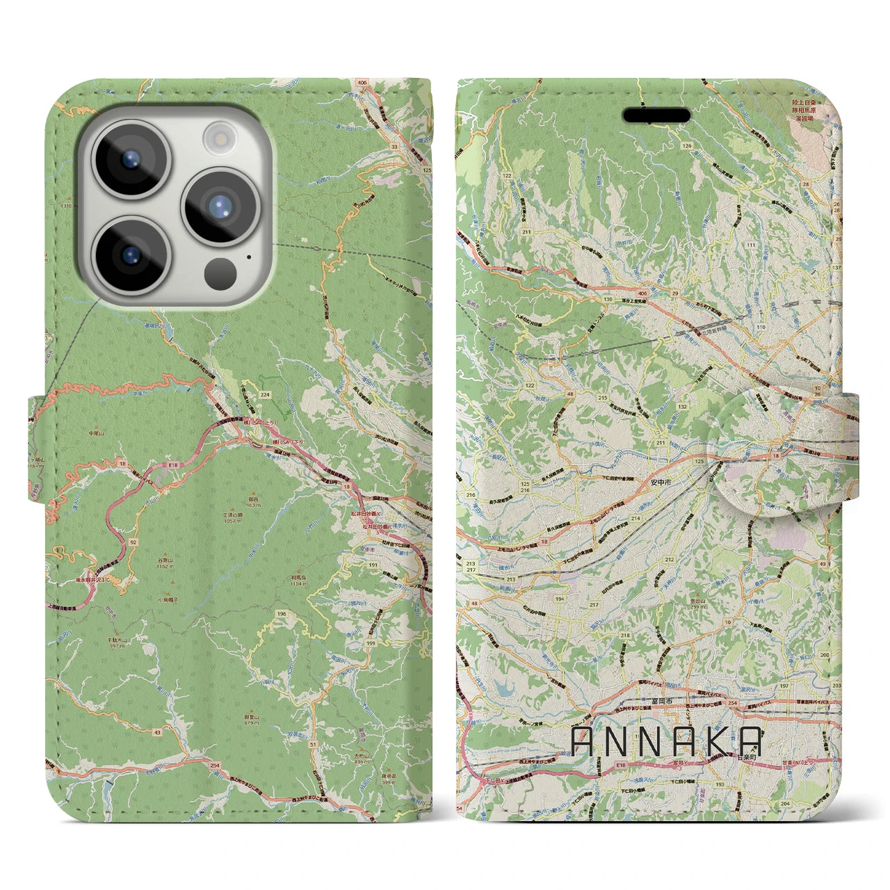 【安中(群馬県)】地図柄iPhoneケース(手帳タイプ)ナチュラル・iPhone 15 Pro 用