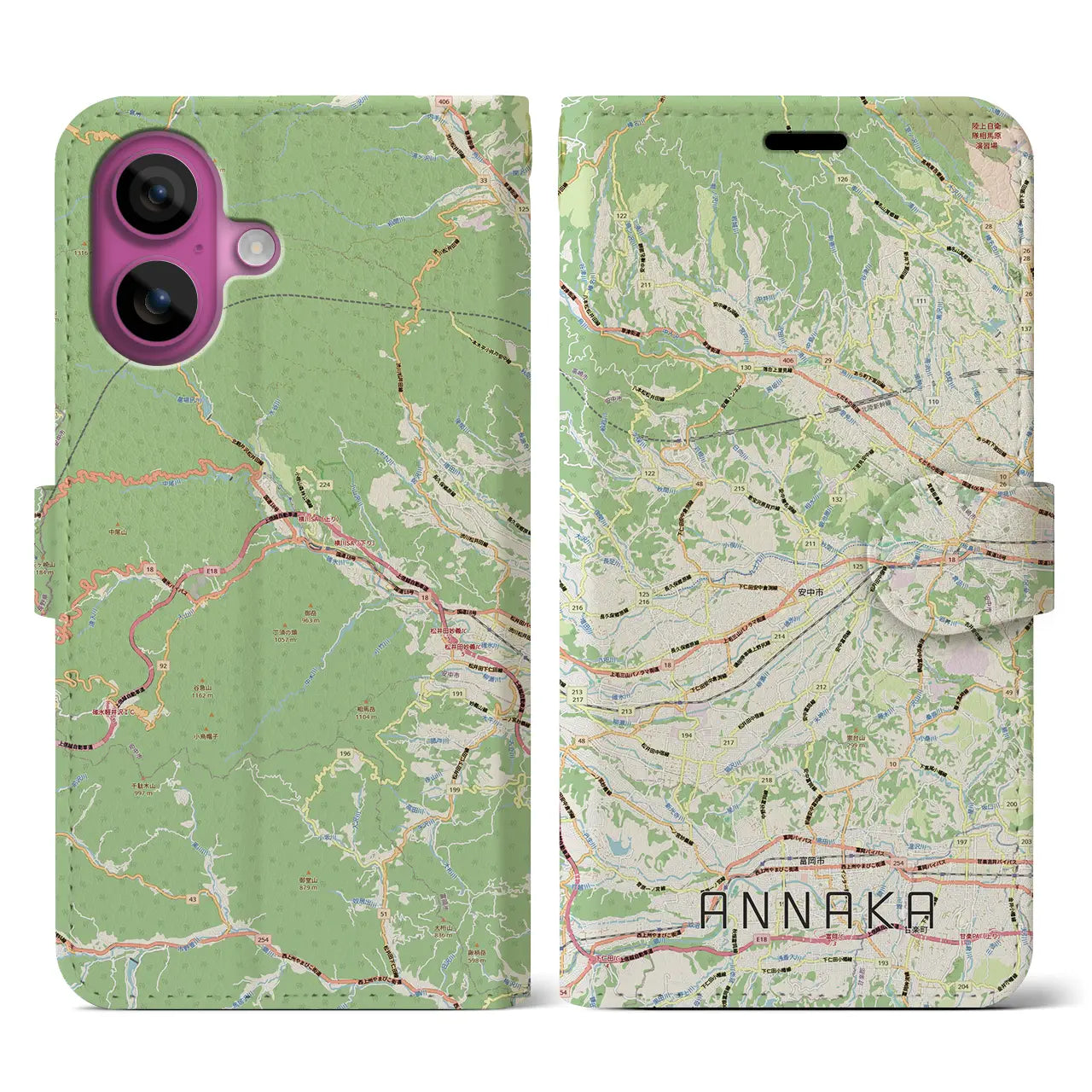 【安中(群馬県)】地図柄iPhoneケース(手帳タイプ)ナチュラル・iPhone 16 Pro 用