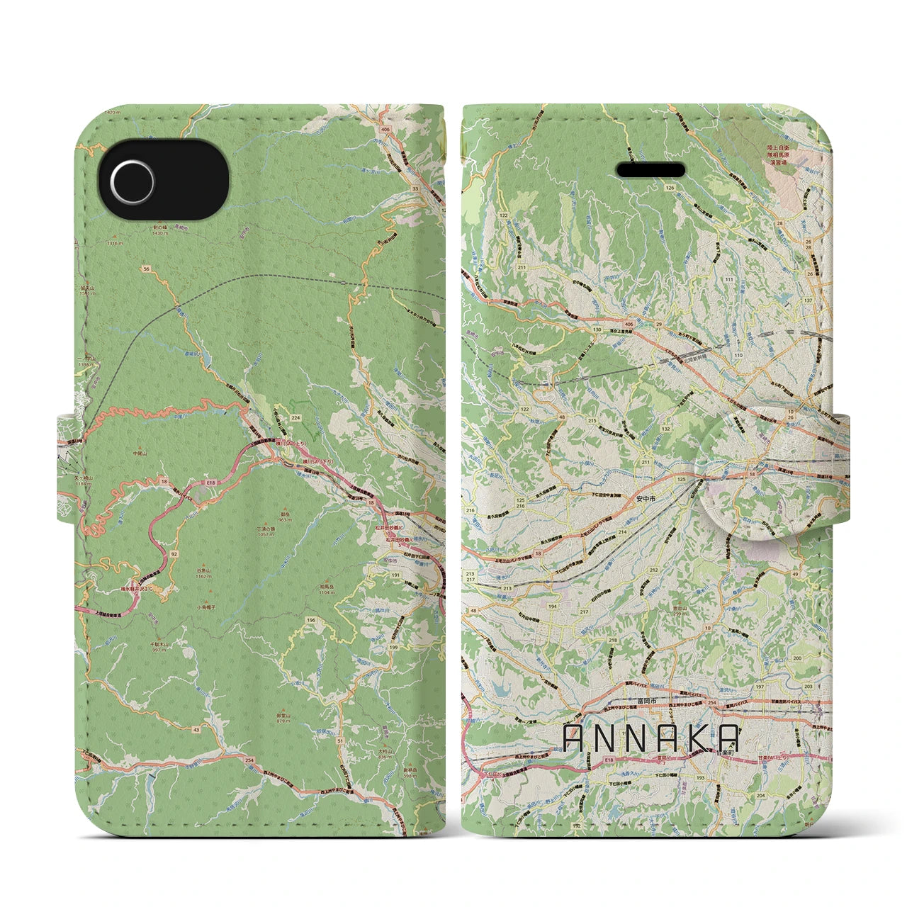 【安中(群馬県)】地図柄iPhoneケース(手帳タイプ)ナチュラル・iPhone SE(第3 / 第2世代) / 8 / 7 / 6s / 6 用