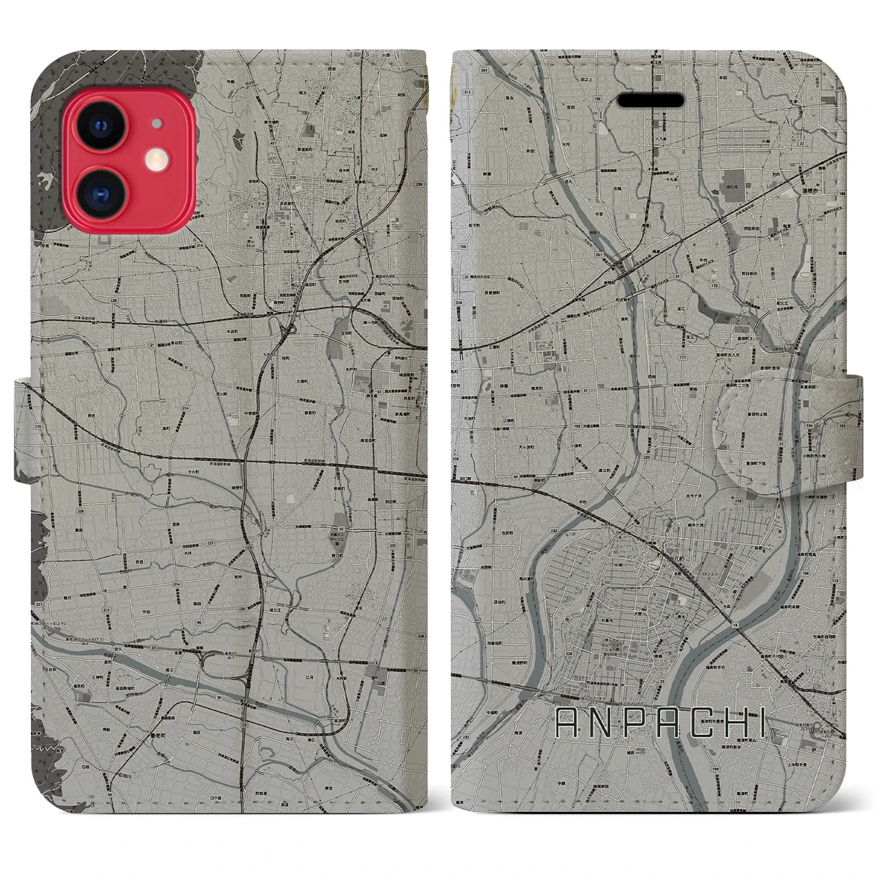 【安八(岐阜県)】地図柄iPhoneケース(手帳タイプ)モノトーン・iPhone 11 用