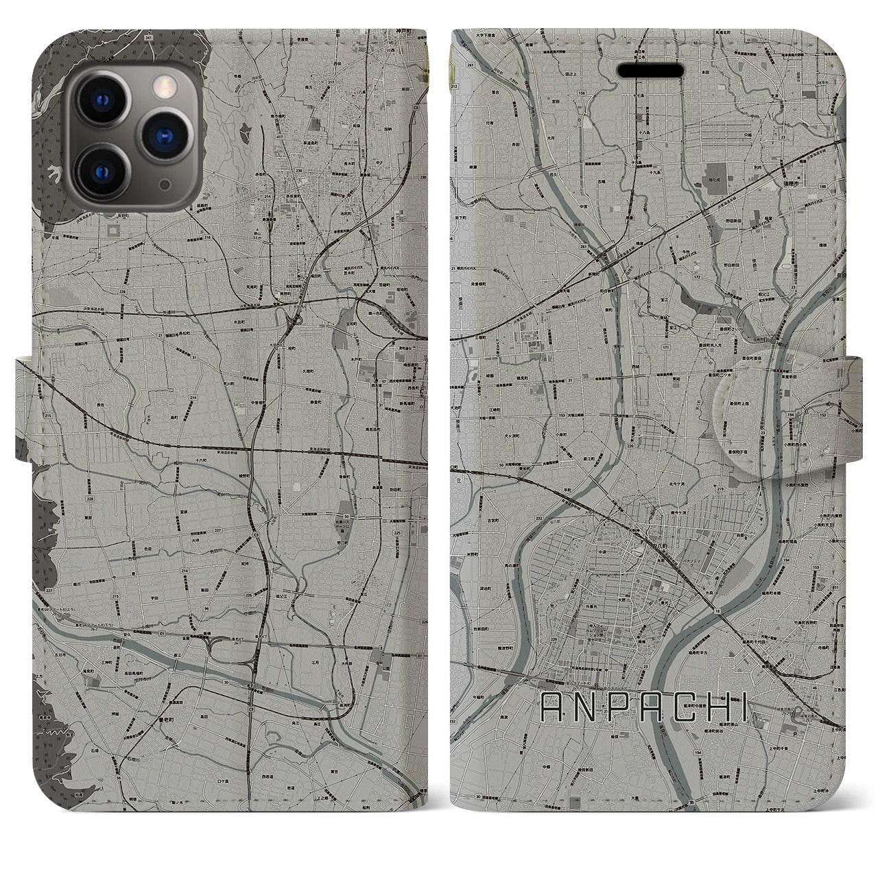 【安八(岐阜県)】地図柄iPhoneケース(手帳タイプ)モノトーン・iPhone 11 Pro Max 用