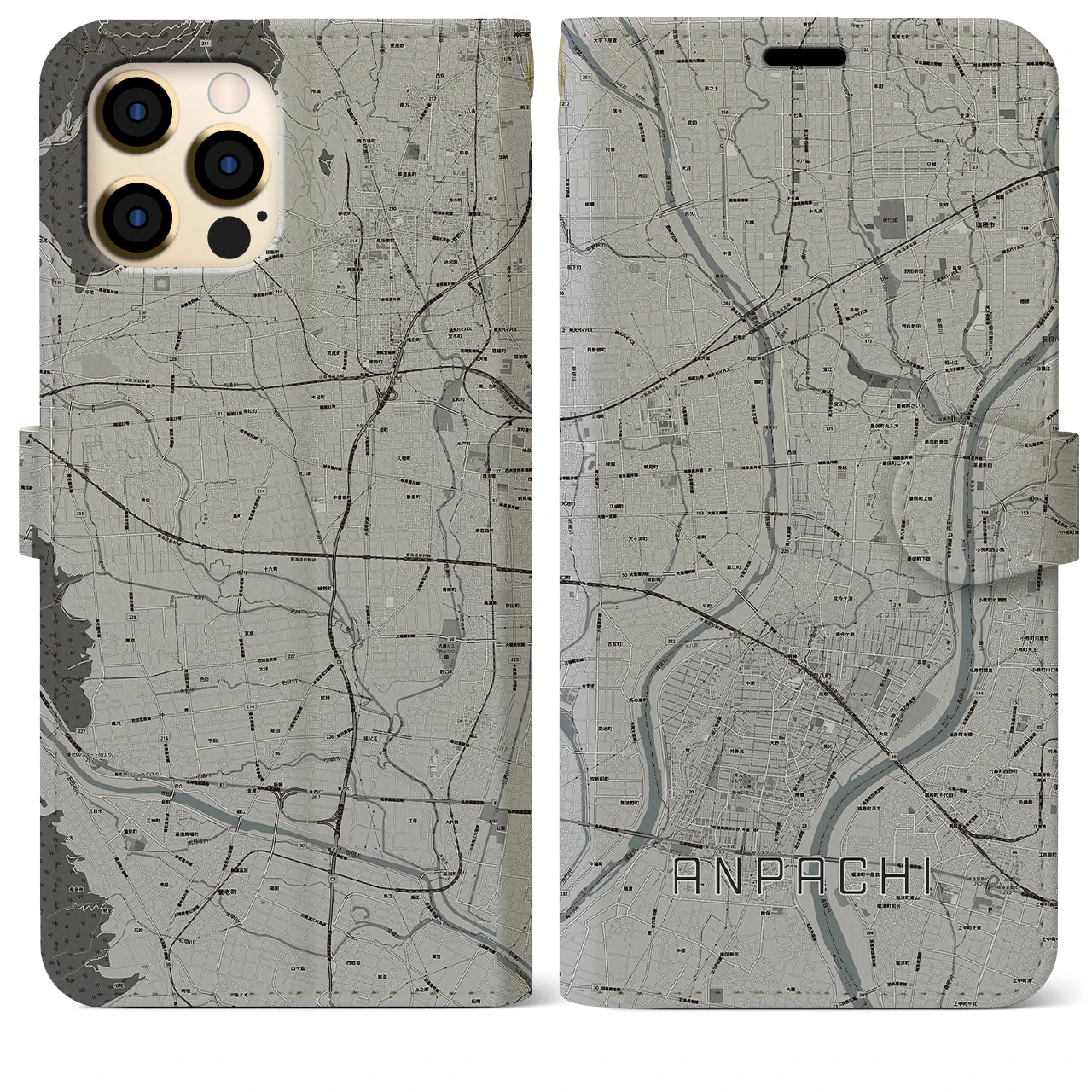 【安八(岐阜県)】地図柄iPhoneケース(手帳タイプ)モノトーン・iPhone 12 Pro Max 用
