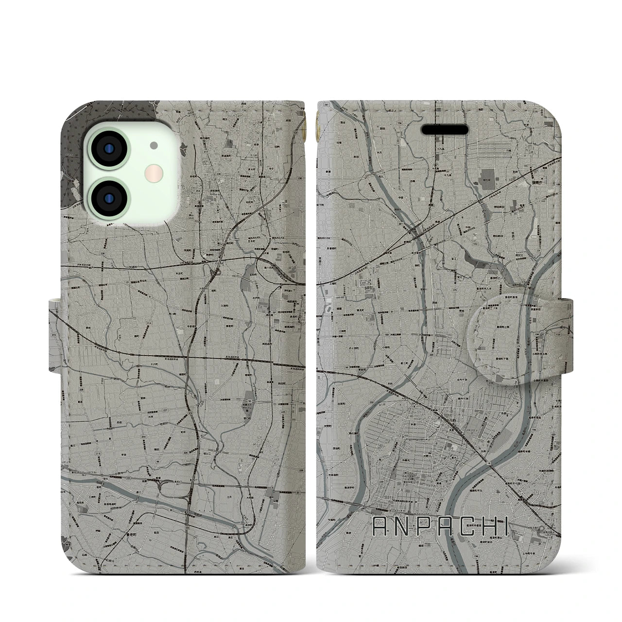 【安八(岐阜県)】地図柄iPhoneケース(手帳タイプ)モノトーン・iPhone 12 mini 用
