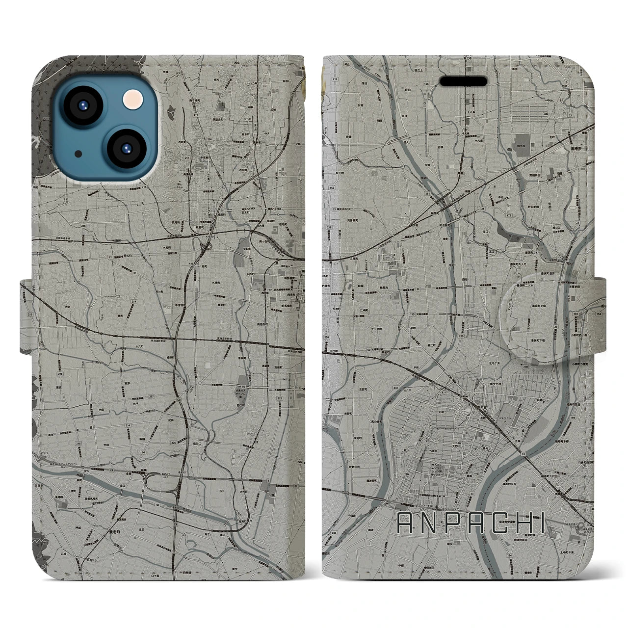【安八(岐阜県)】地図柄iPhoneケース(手帳タイプ)モノトーン・iPhone 13 用