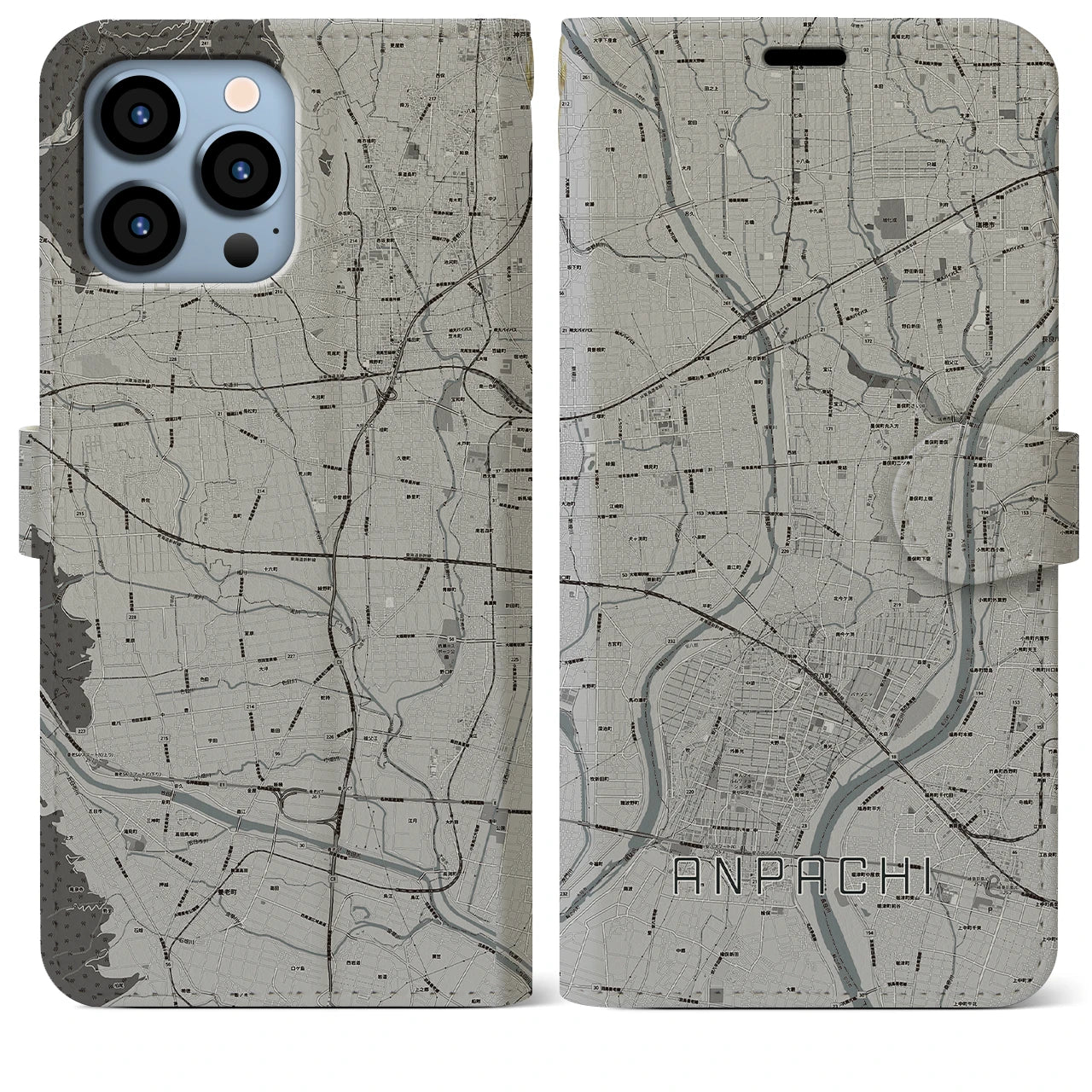 【安八(岐阜県)】地図柄iPhoneケース(手帳タイプ)モノトーン・iPhone 13 Pro Max 用