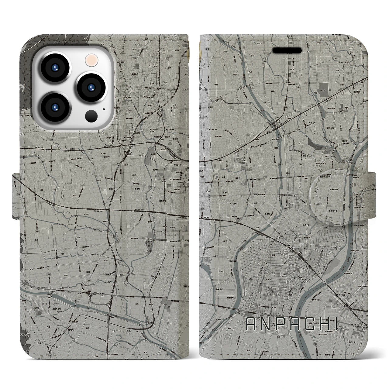 【安八(岐阜県)】地図柄iPhoneケース(手帳タイプ)モノトーン・iPhone 13 Pro 用