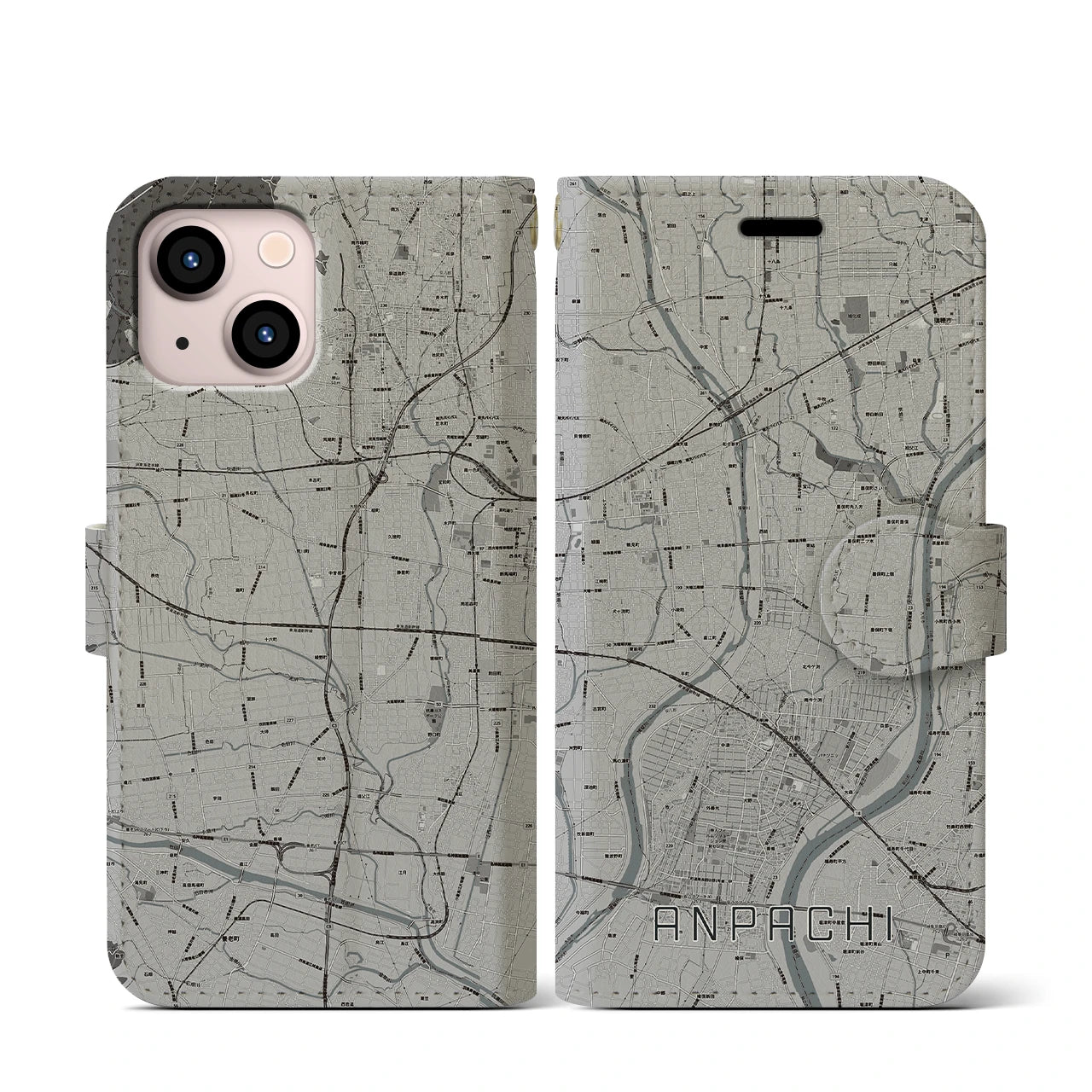 【安八(岐阜県)】地図柄iPhoneケース(手帳タイプ)モノトーン・iPhone 13 mini 用