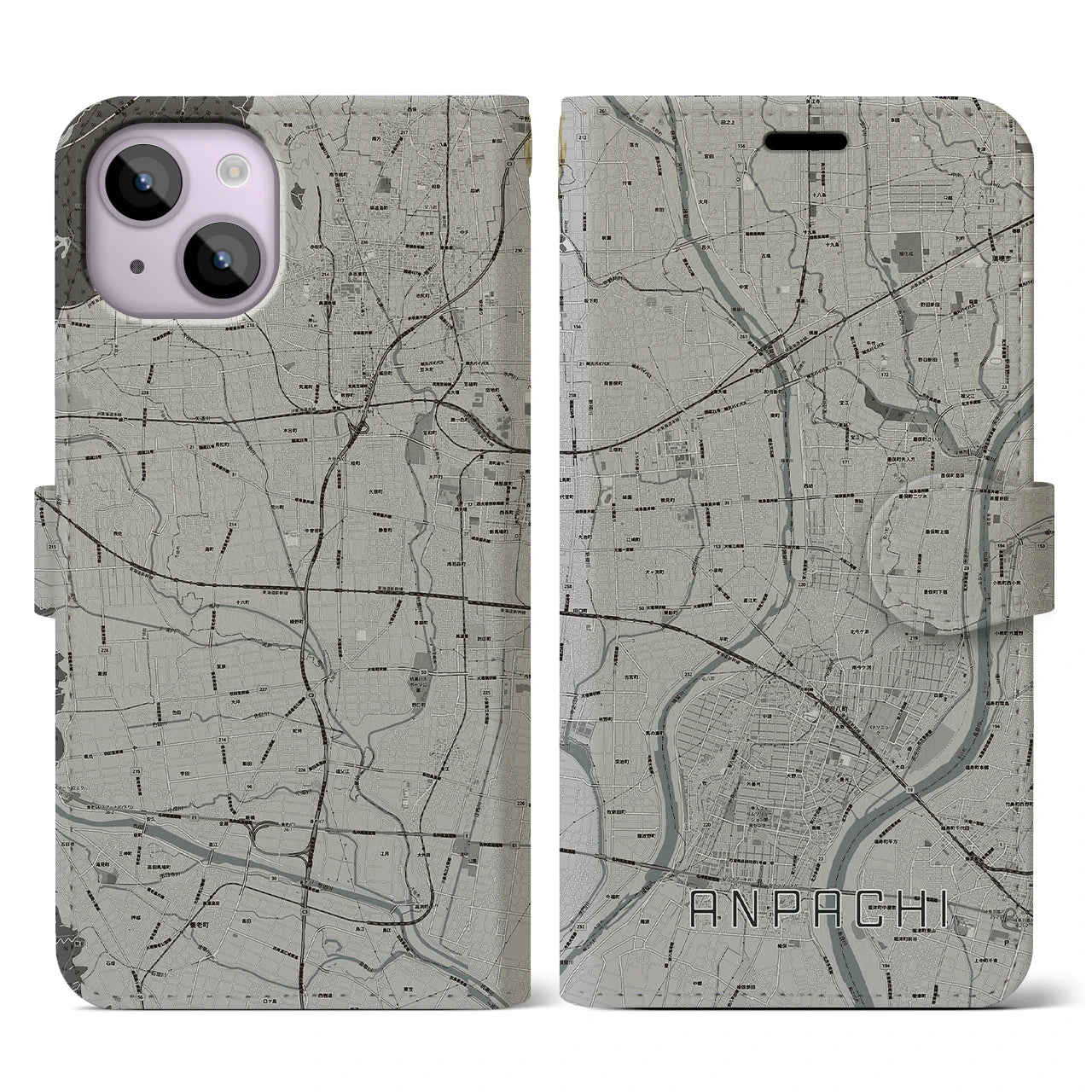 【安八(岐阜県)】地図柄iPhoneケース(手帳タイプ)モノトーン・iPhone 14 用