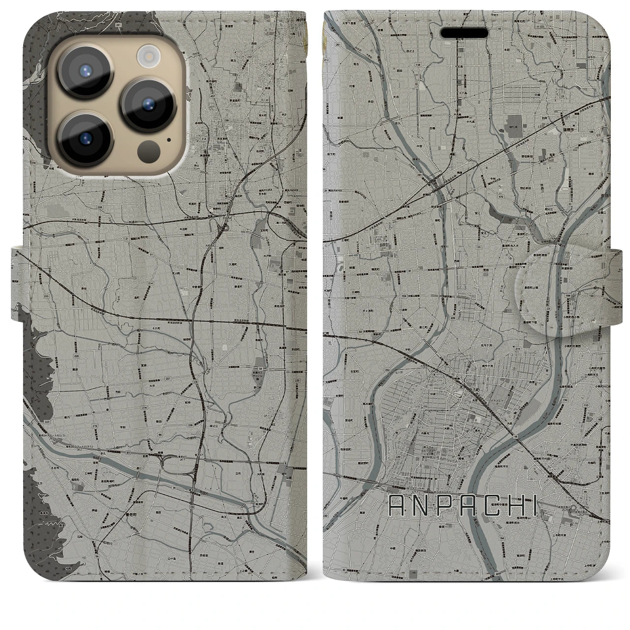 【安八(岐阜県)】地図柄iPhoneケース(手帳タイプ)モノトーン・iPhone 14 Pro Max 用