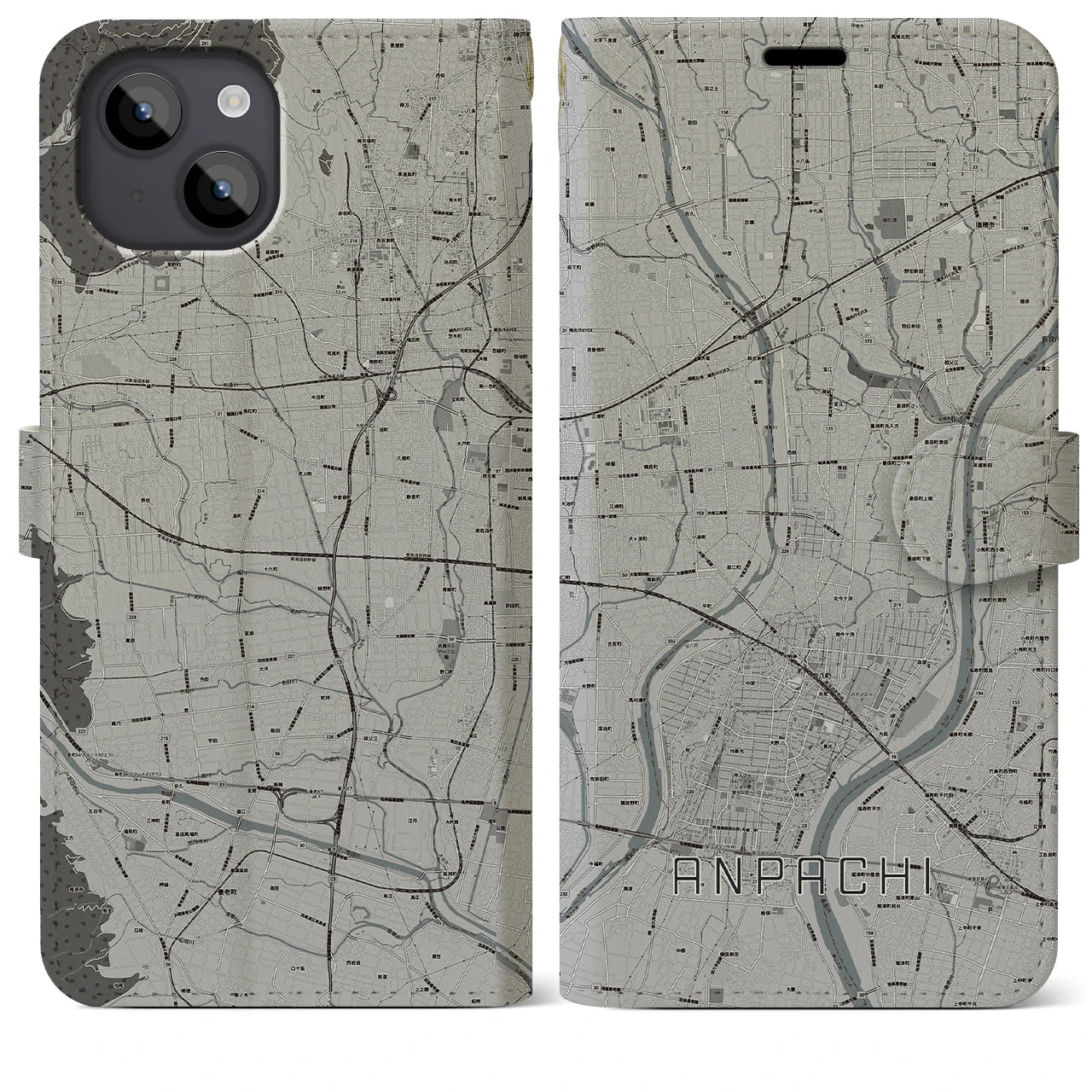 【安八(岐阜県)】地図柄iPhoneケース(手帳タイプ)モノトーン・iPhone 14 Plus 用