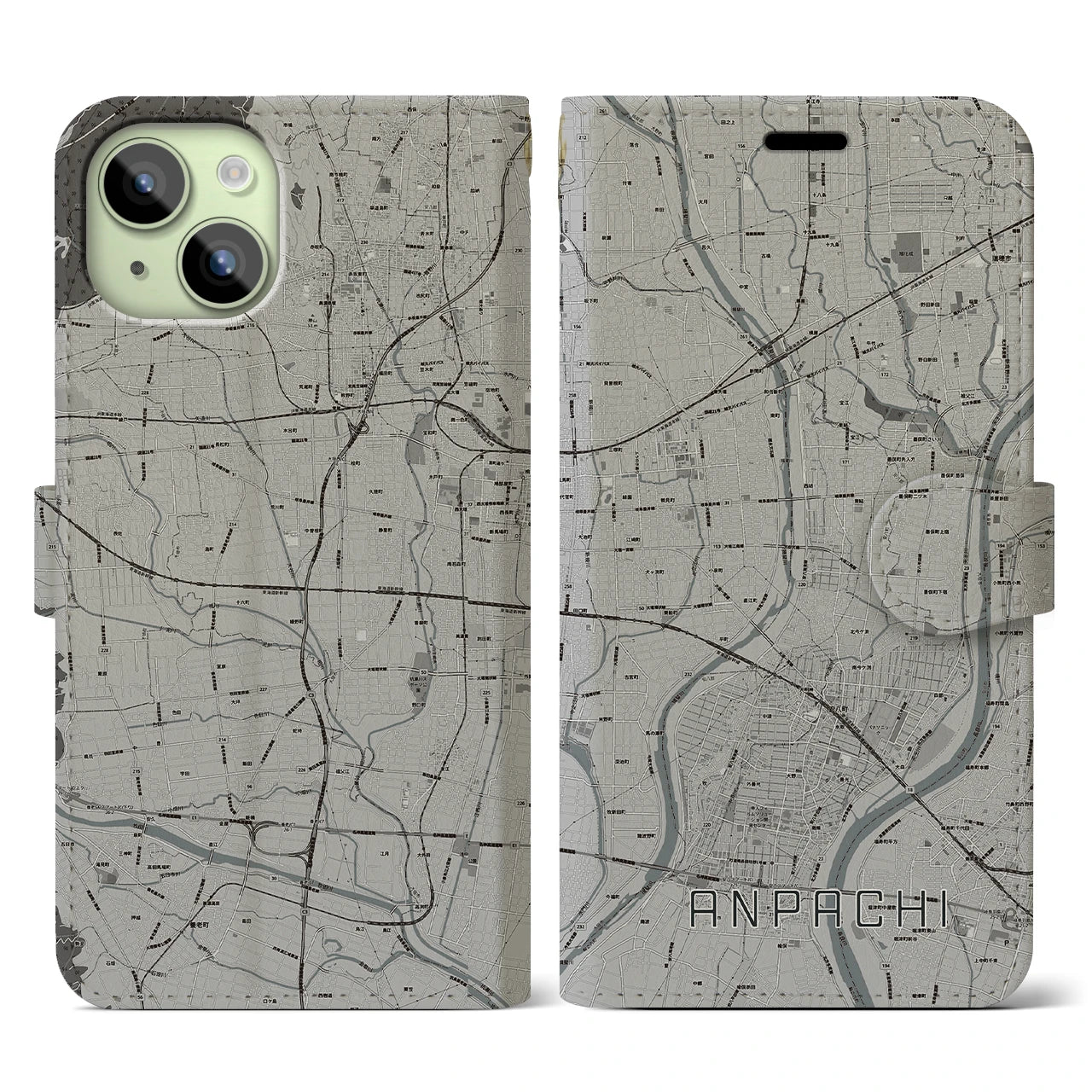 【安八(岐阜県)】地図柄iPhoneケース(手帳タイプ)モノトーン・iPhone 15 用