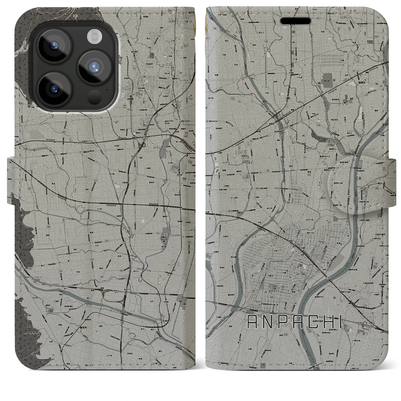 【安八(岐阜県)】地図柄iPhoneケース(手帳タイプ)モノトーン・iPhone 15 Pro Max 用