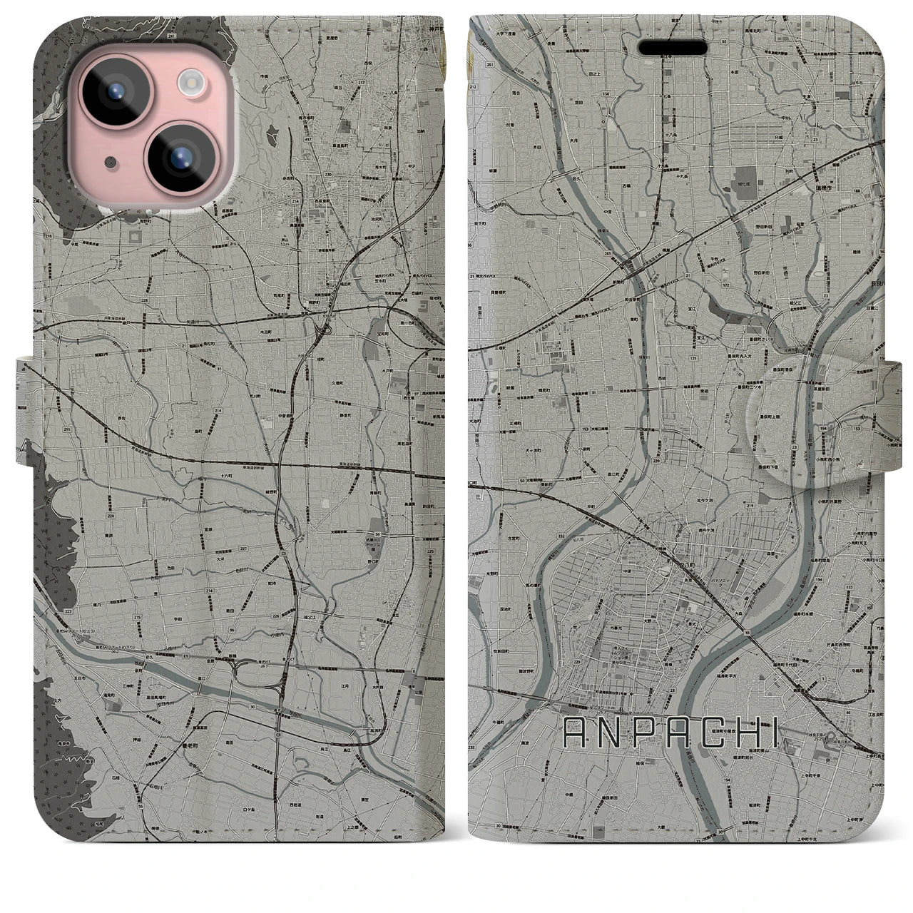 【安八(岐阜県)】地図柄iPhoneケース(手帳タイプ)モノトーン・iPhone 15 Plus 用