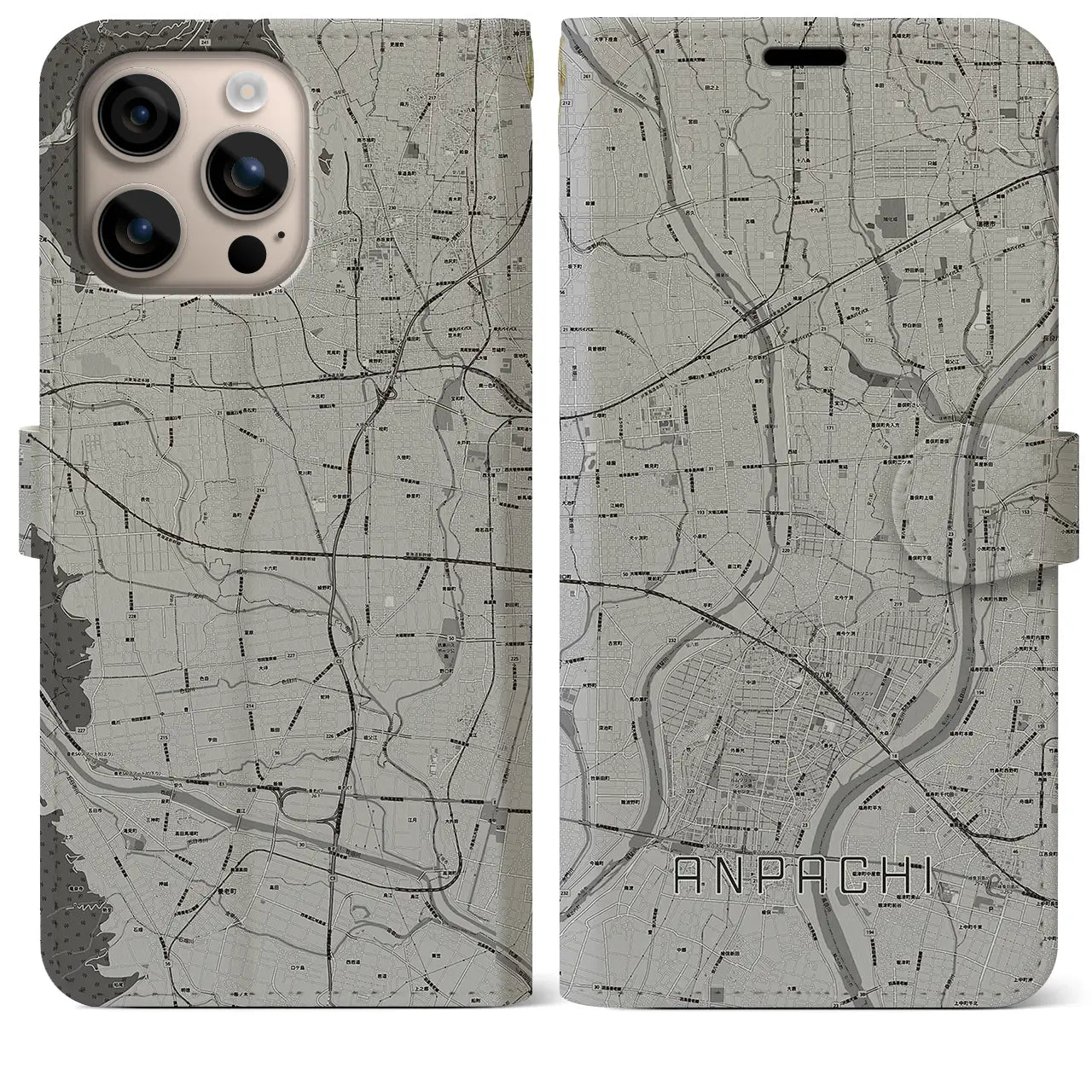 【安八(岐阜県)】地図柄iPhoneケース(手帳タイプ)モノトーン・iPhone 16 Plus 用