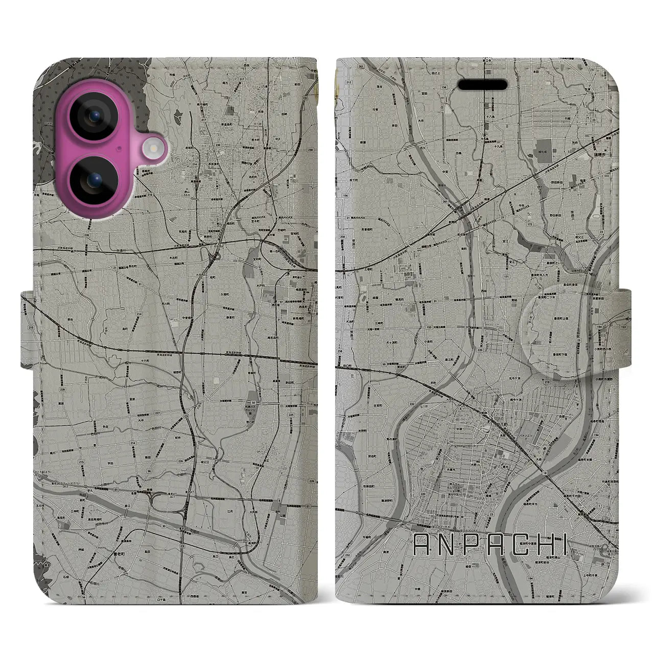 【安八(岐阜県)】地図柄iPhoneケース(手帳タイプ)モノトーン・iPhone 16 Pro 用