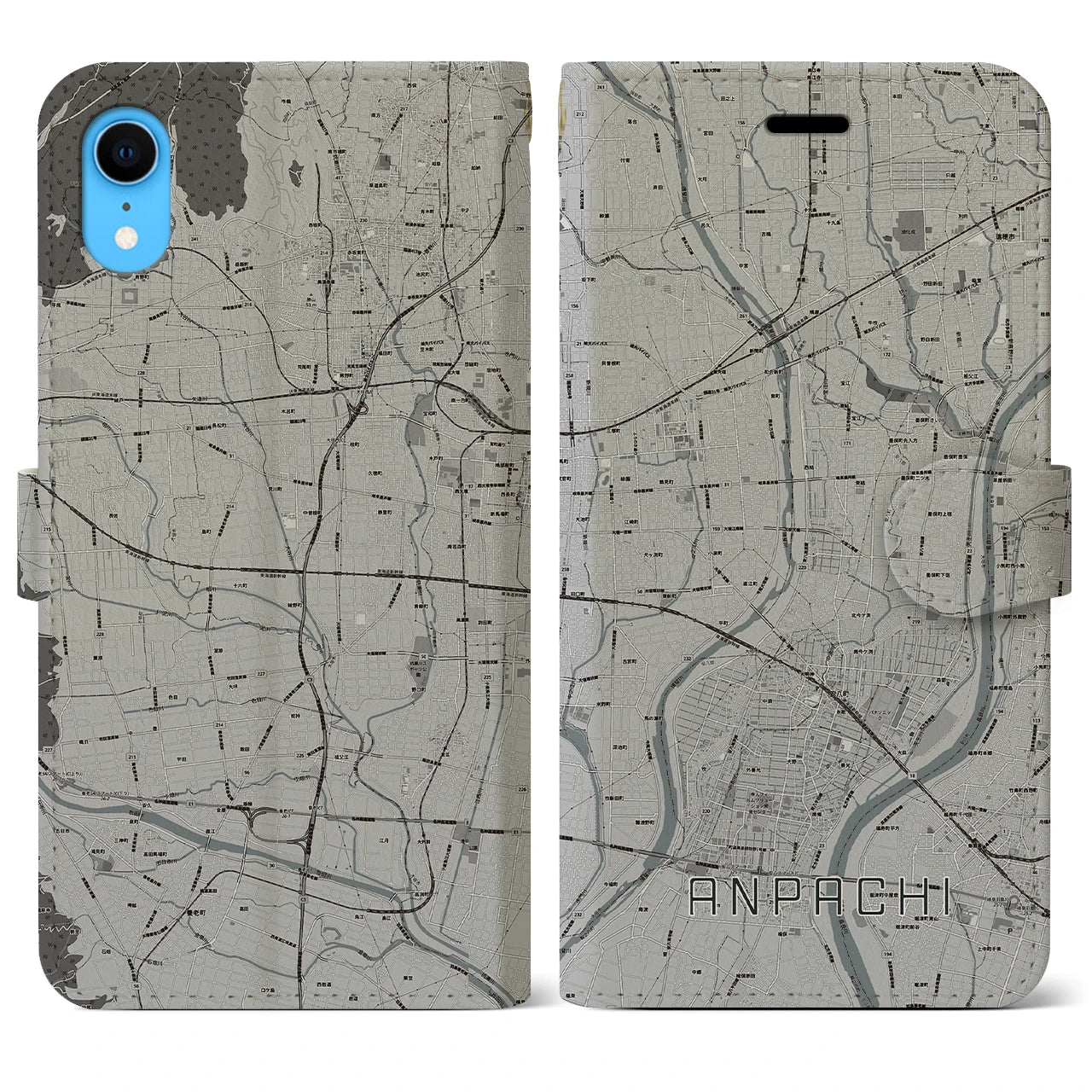 【安八(岐阜県)】地図柄iPhoneケース(手帳タイプ)モノトーン・iPhone XR 用
