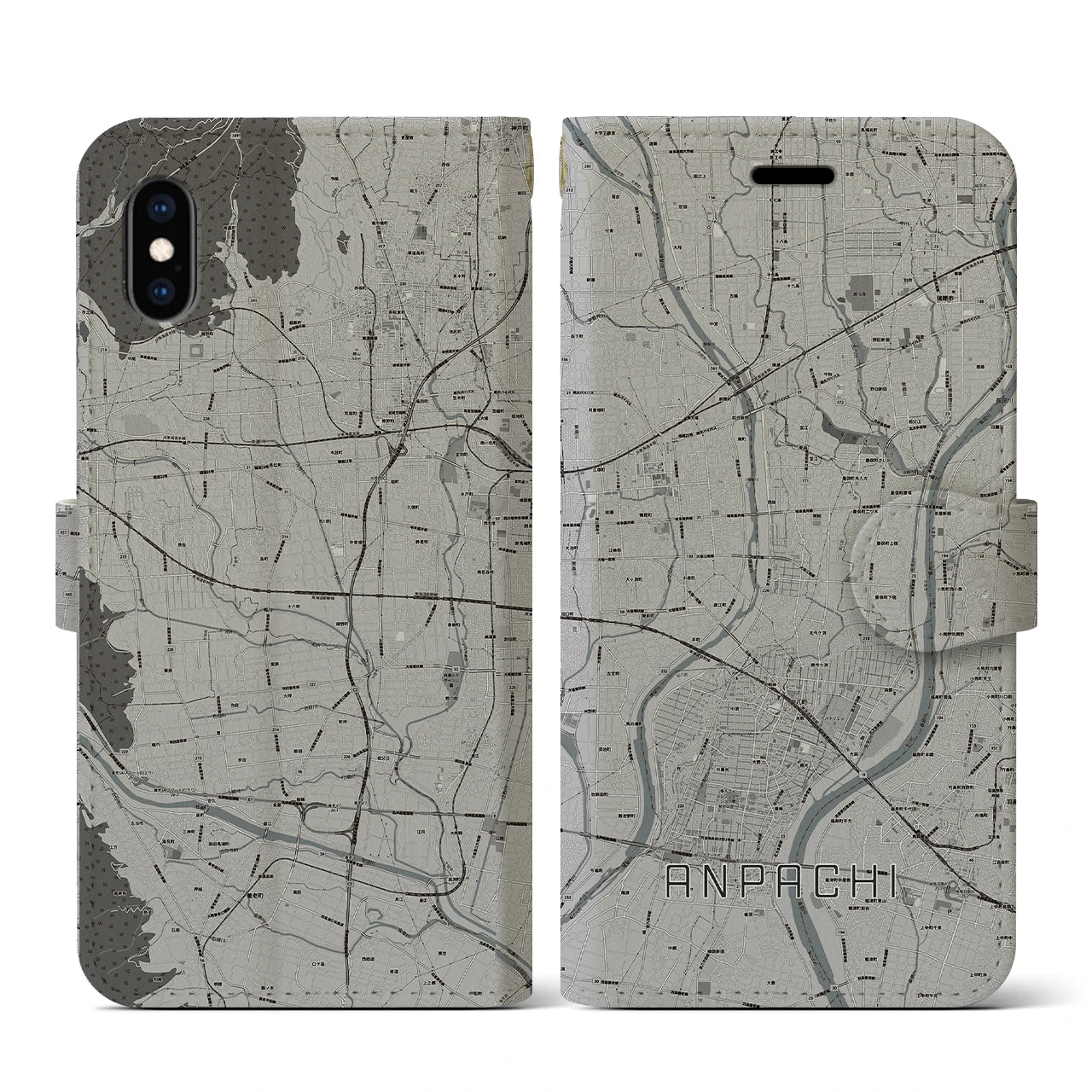 【安八(岐阜県)】地図柄iPhoneケース(手帳タイプ)モノトーン・iPhone XS / X 用