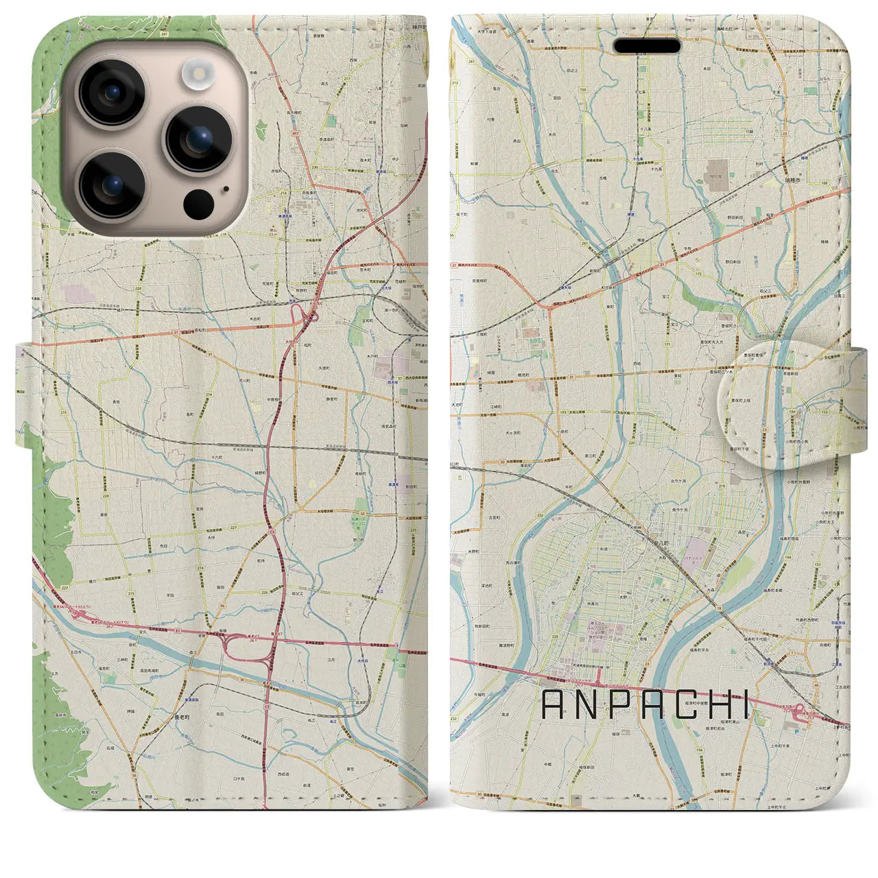 【安八(岐阜県)】地図柄iPhoneケース(手帳タイプ)ナチュラル・iPhone 16 Plus 用