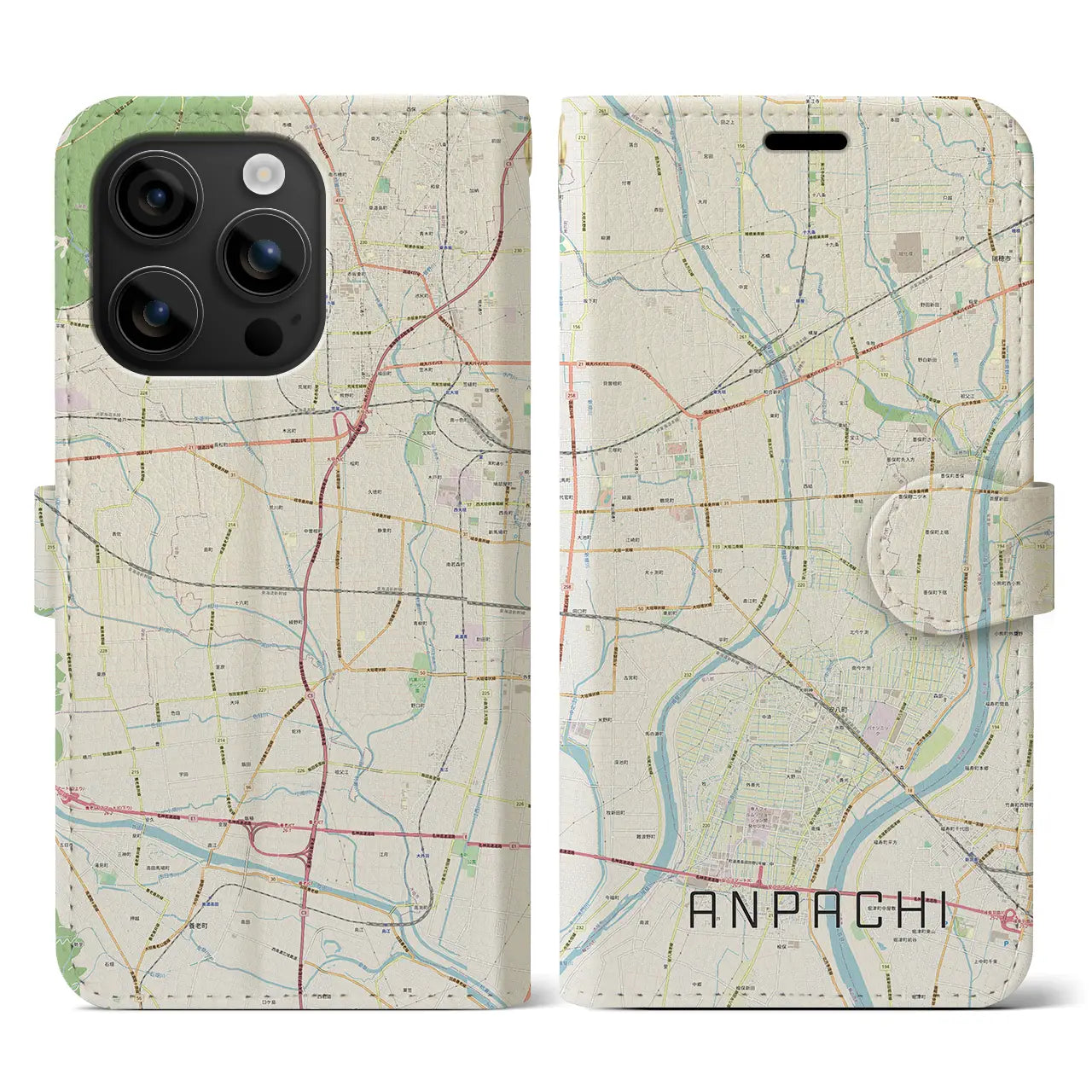【安八(岐阜県)】地図柄iPhoneケース(手帳タイプ)ナチュラル・iPhone 16 用