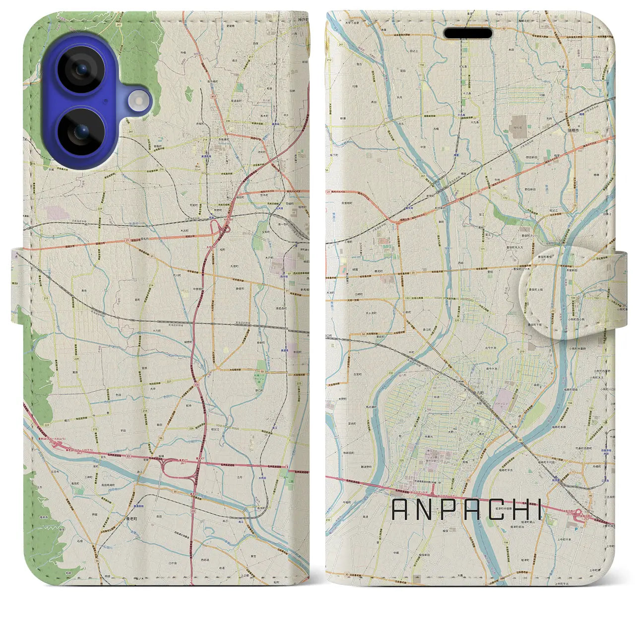 【安八(岐阜県)】地図柄iPhoneケース(手帳タイプ)ナチュラル・iPhone 16 Pro Max 用