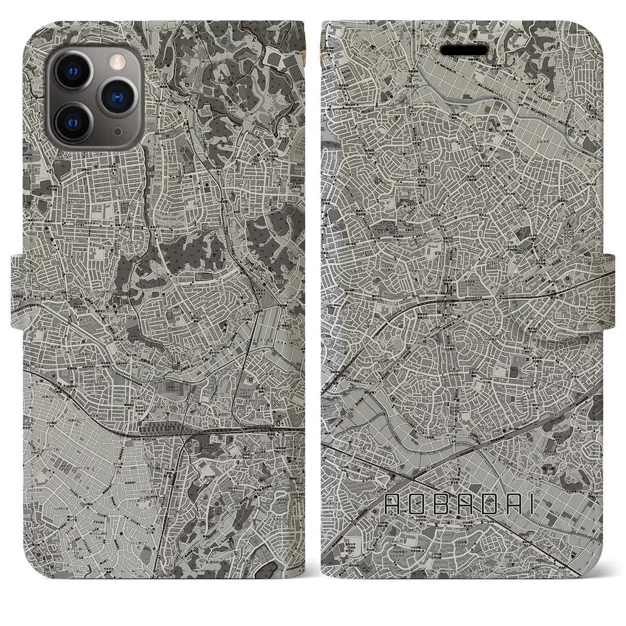 【青葉台(神奈川県)】地図柄iPhoneケース(手帳タイプ)モノトーン・iPhone 11 Pro Max 用