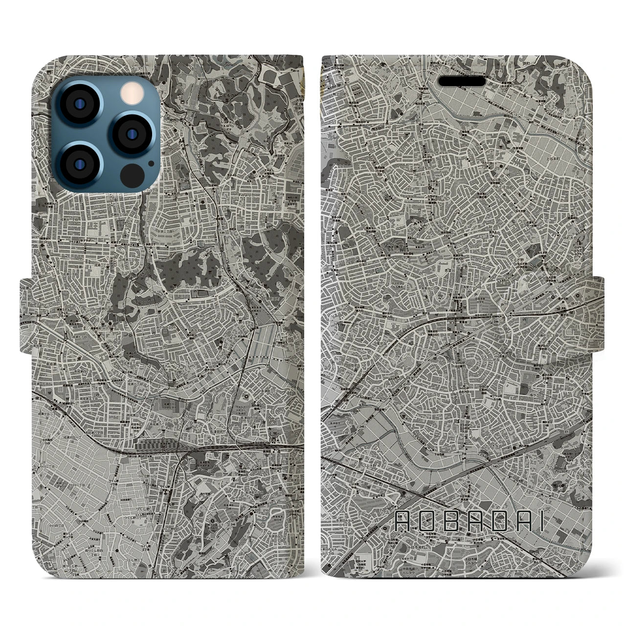 【青葉台(神奈川県)】地図柄iPhoneケース(手帳タイプ)モノトーン・iPhone 12 / 12 Pro 用