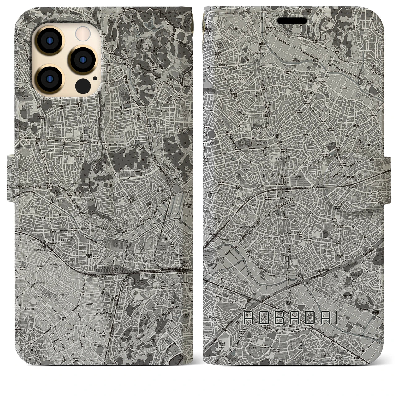 【青葉台(神奈川県)】地図柄iPhoneケース(手帳タイプ)モノトーン・iPhone 12 Pro Max 用