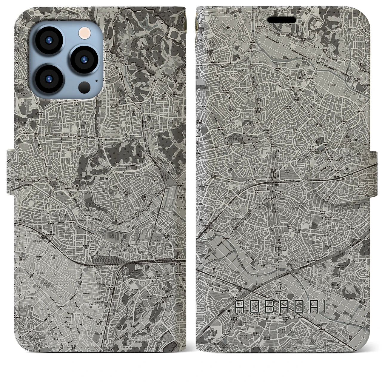 【青葉台(神奈川県)】地図柄iPhoneケース(手帳タイプ)モノトーン・iPhone 13 Pro Max 用