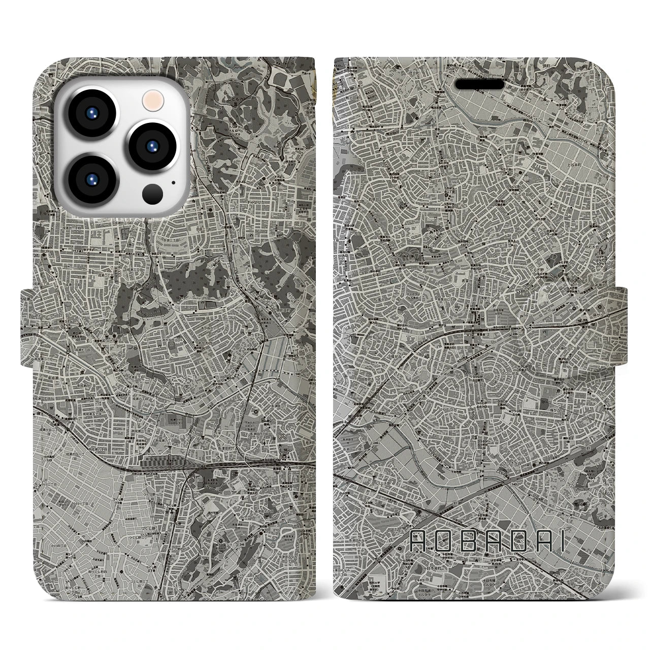 【青葉台(神奈川県)】地図柄iPhoneケース(手帳タイプ)モノトーン・iPhone 13 Pro 用