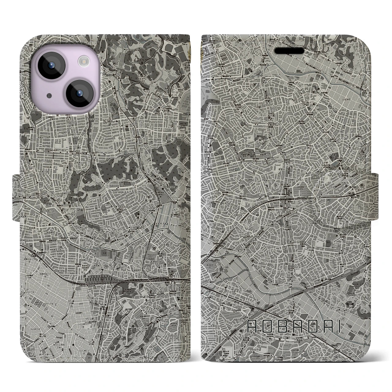 【青葉台(神奈川県)】地図柄iPhoneケース(手帳タイプ)モノトーン・iPhone 14 用