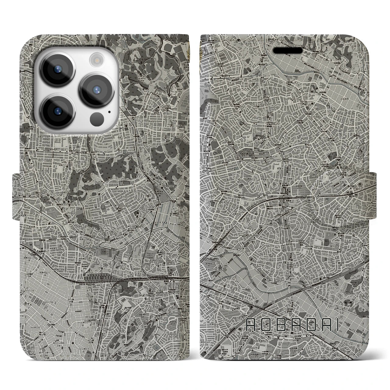 【青葉台(神奈川県)】地図柄iPhoneケース(手帳タイプ)モノトーン・iPhone 14 Pro 用