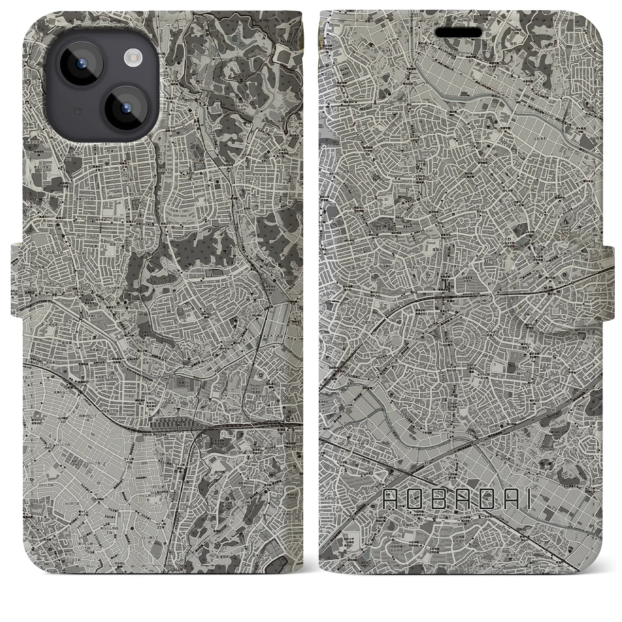 【青葉台(神奈川県)】地図柄iPhoneケース(手帳タイプ)モノトーン・iPhone 14 Plus 用