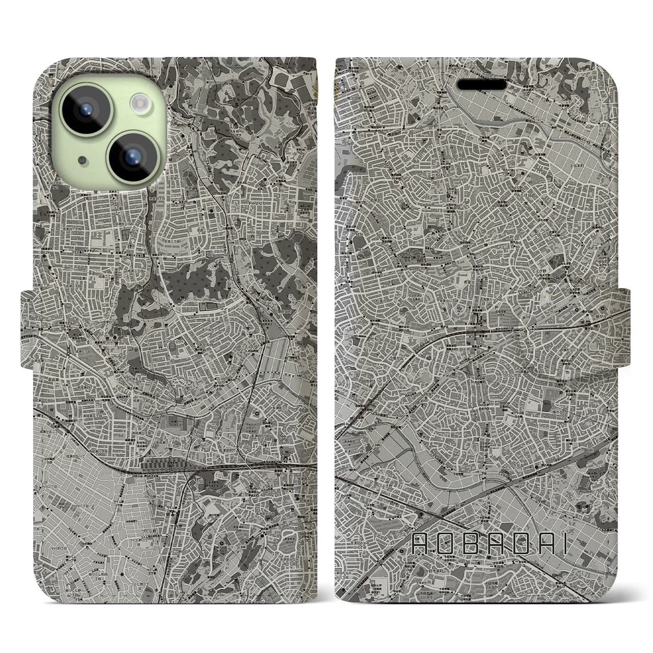 【青葉台(神奈川県)】地図柄iPhoneケース(手帳タイプ)モノトーン・iPhone 15 用