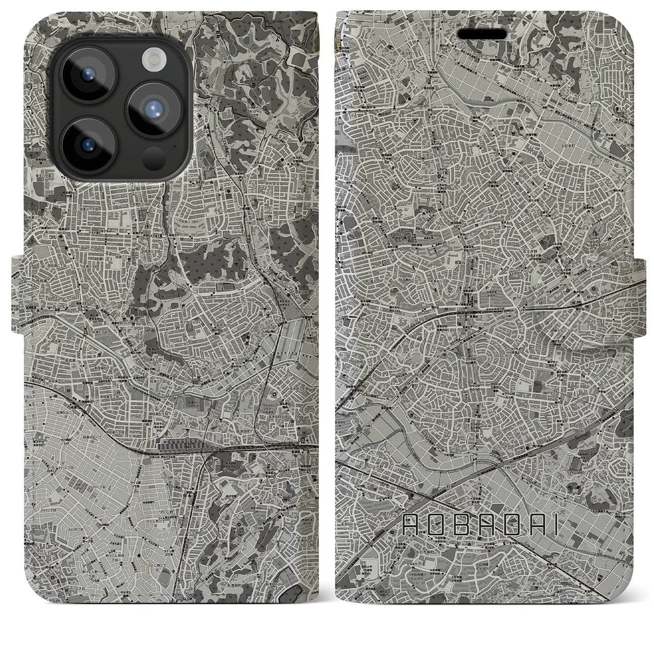 【青葉台(神奈川県)】地図柄iPhoneケース(手帳タイプ)モノトーン・iPhone 15 Pro Max 用