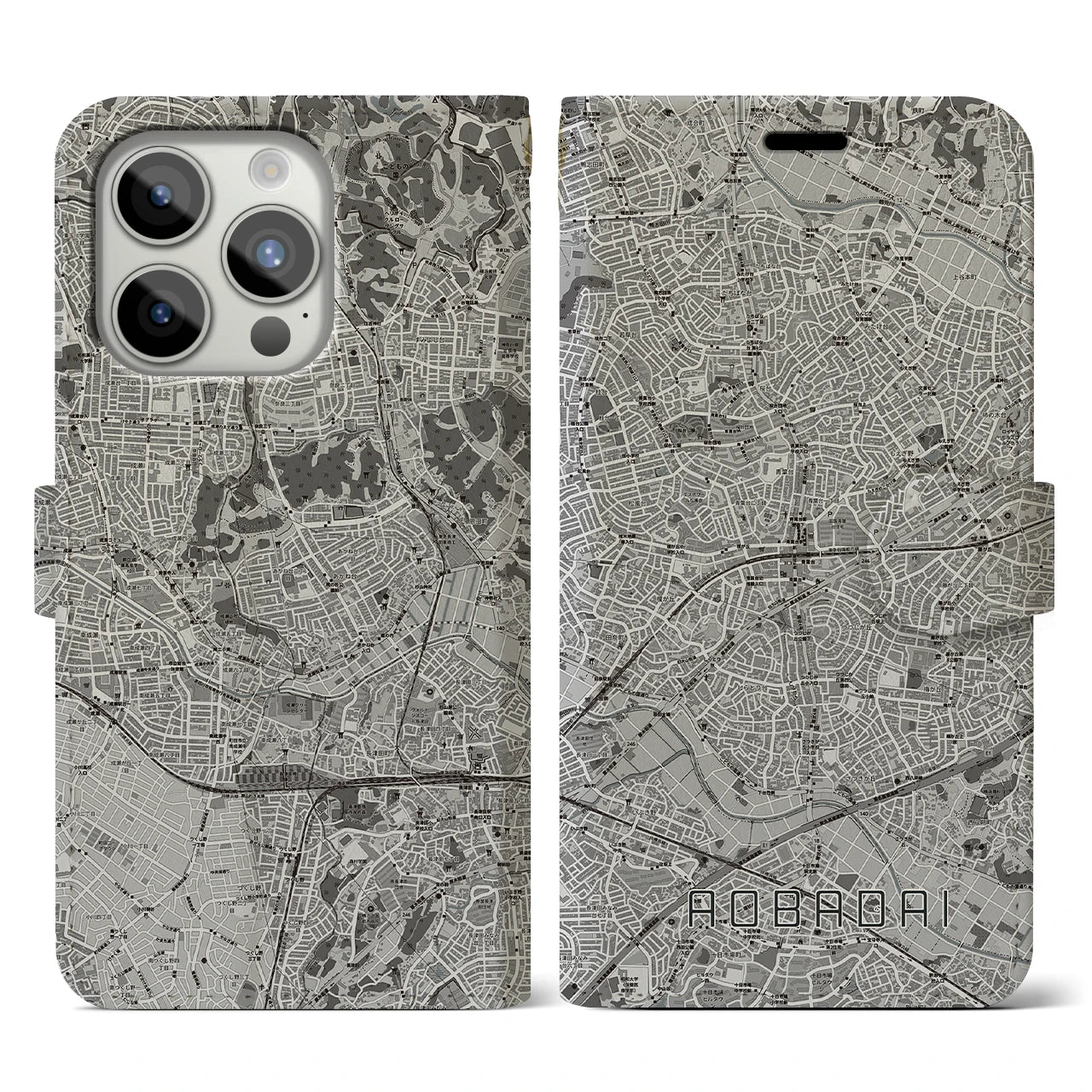 【青葉台(神奈川県)】地図柄iPhoneケース(手帳タイプ)モノトーン・iPhone 15 Pro 用