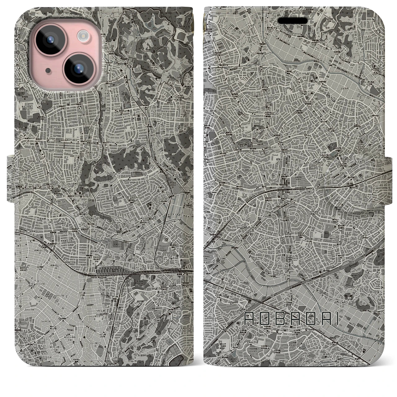 【青葉台(神奈川県)】地図柄iPhoneケース(手帳タイプ)モノトーン・iPhone 15 Plus 用