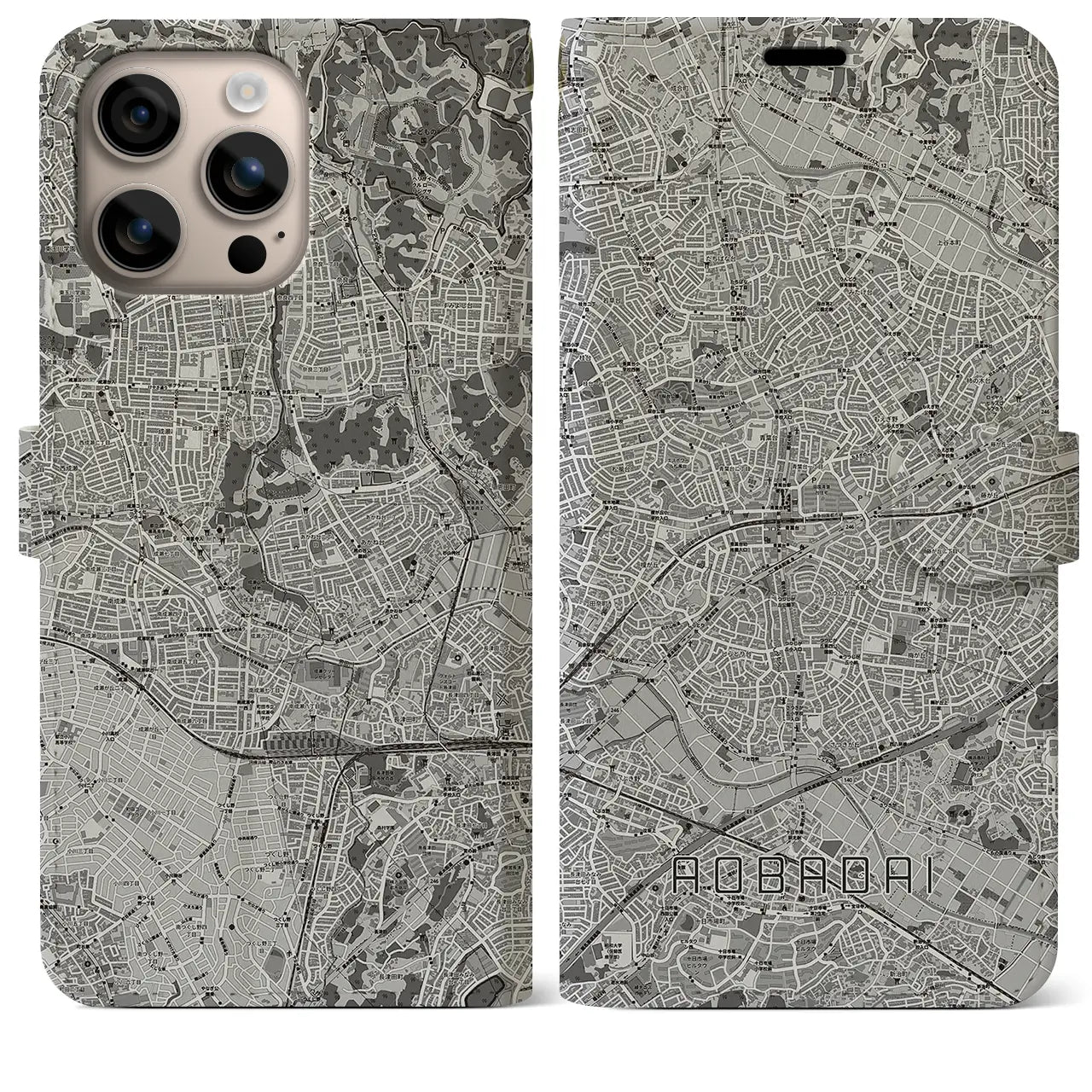 【青葉台(神奈川県)】地図柄iPhoneケース(手帳タイプ)モノトーン・iPhone 16 Plus 用