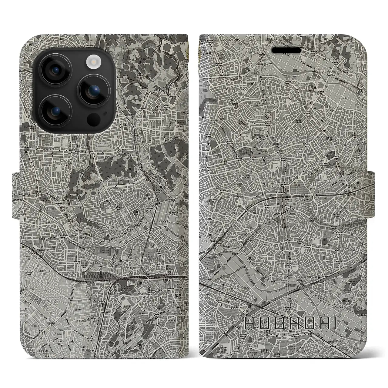 【青葉台(神奈川県)】地図柄iPhoneケース(手帳タイプ)モノトーン・iPhone 16 用