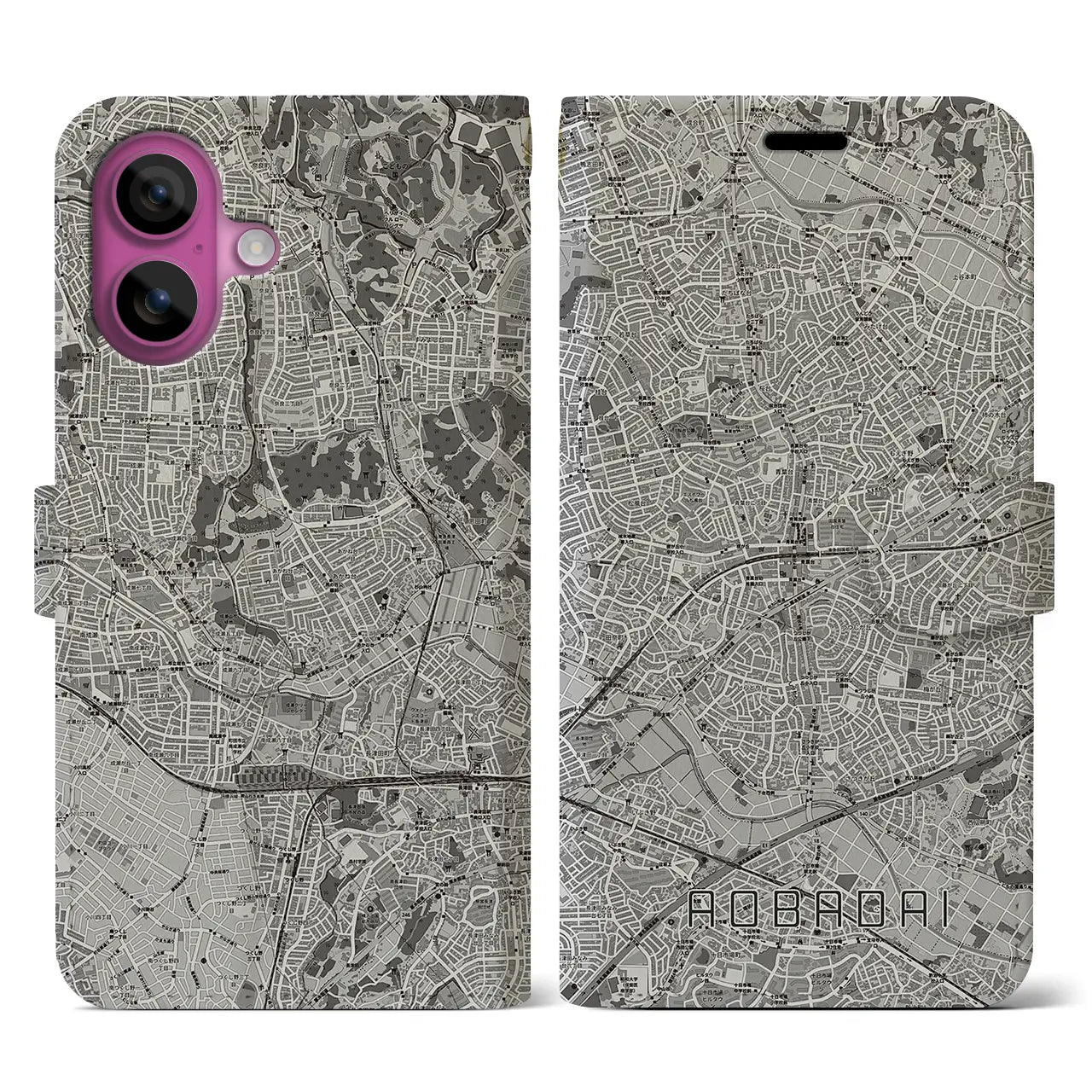 【青葉台(神奈川県)】地図柄iPhoneケース(手帳タイプ)モノトーン・iPhone 16 Pro 用