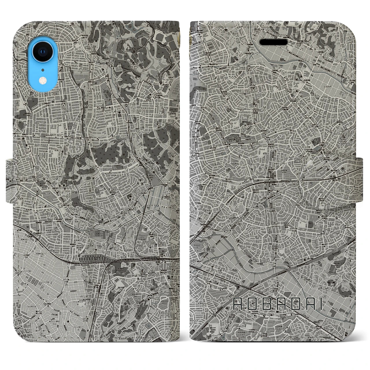 【青葉台(神奈川県)】地図柄iPhoneケース(手帳タイプ)モノトーン・iPhone XR 用