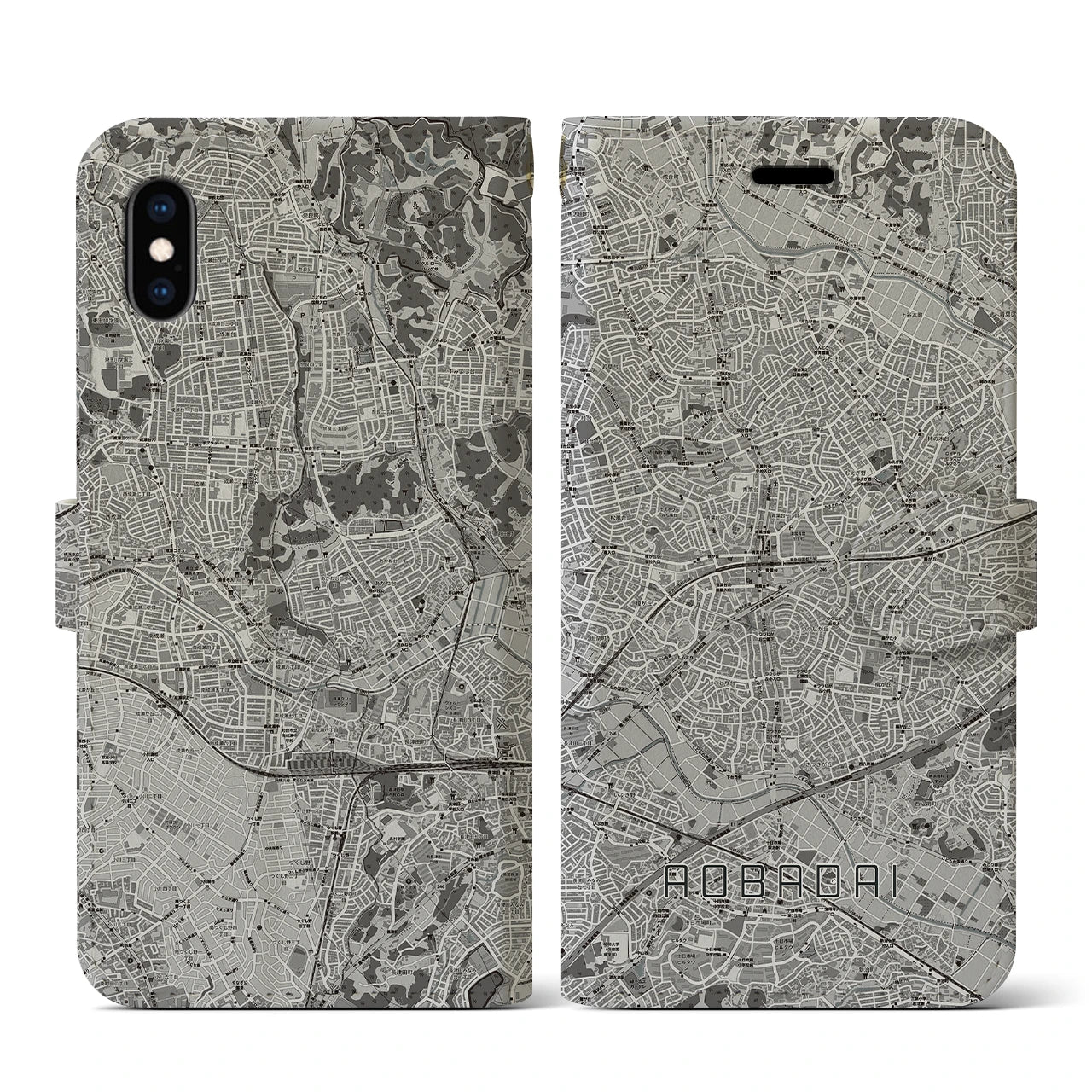 【青葉台(神奈川県)】地図柄iPhoneケース(手帳タイプ)モノトーン・iPhone XS / X 用
